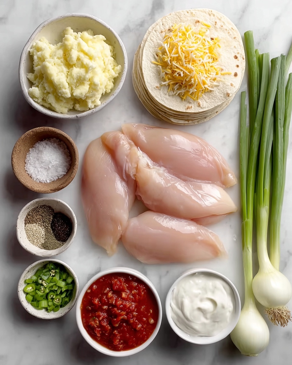 The image shows a white marbled surface with three raw chicken breasts placed in the center, glossy and pale pink. On the top right, there is a neat stack of small white tortillas with shredded yellow cheese on top. To the right side of the chicken, there is a bunch of fresh green onions and a whole white onion. Surrounding the chicken are five white bowls: one filled with pale yellow mashed potatoes at the top left, one with coarse white salt in a small rustic brown bowl above the chicken, one with chopped green chilies to the left of the chicken, one with ground black pepper below the chilies, a bowl of chunky red salsa below the pepper, and a bowl of smooth white sour cream near the bottom right. The ingredients are arranged cleanly with clear textures visible. Photo taken with an iphone --ar 4:5 --v 7