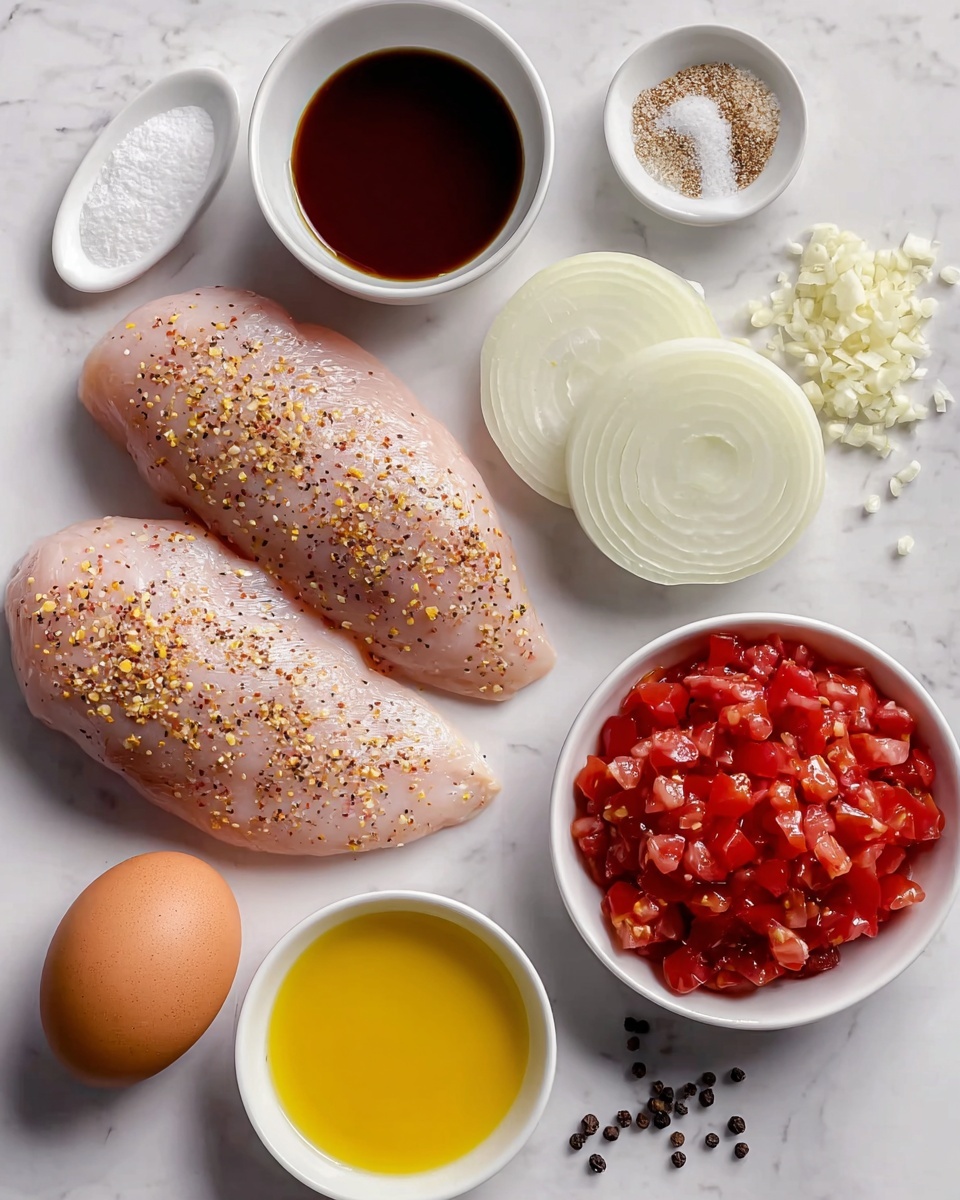 The image shows raw ingredients neatly placed on a white marbled surface. In the center, there are two pieces of raw chicken seasoned with small black and yellow specks. To the right of the chicken, there are two white onion rings stacked on top of each other. Below the chicken, there is a small pile of finely chopped garlic. Under the garlic, there is a white bowl filled with bright yellow oil. Next to the oil, at the bottom right, there is a white bowl filled with chopped red tomatoes with seeds visible. In the upper left corner, there is a white bowl filled with dark brown soy sauce. Below it, an uncracked brown egg sits directly on the surface. There is a small white dish with coarse salt below the egg. Around the ingredients, there are a few black peppercorns and some scattered ground black pepper. The whole setup is clean and well-arranged. photo taken with an iphone --ar 4:5 --v 7