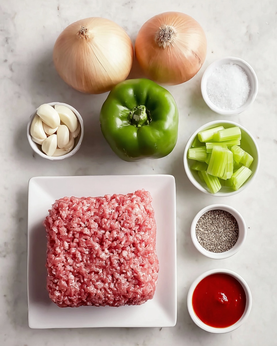 The image shows an overhead view of fresh cooking ingredients arranged neatly on a white marbled texture. In the center bottom, there is a white square plate holding a large block of pink ground meat with white fat speckles. Above it, from left to right are two whole onions with light yellow-brown skins, a smooth green bell pepper, and a small white bowl filled with pale green celery pieces. On the left side, there are two small white round bowls; the upper one holds several white garlic cloves, and the lower one contains coarse black pepper. On the right side, two more small white round bowls contain white salt and a bright red sauce with a smooth texture. Photo taken with an iphone --ar 4:5 --v 7