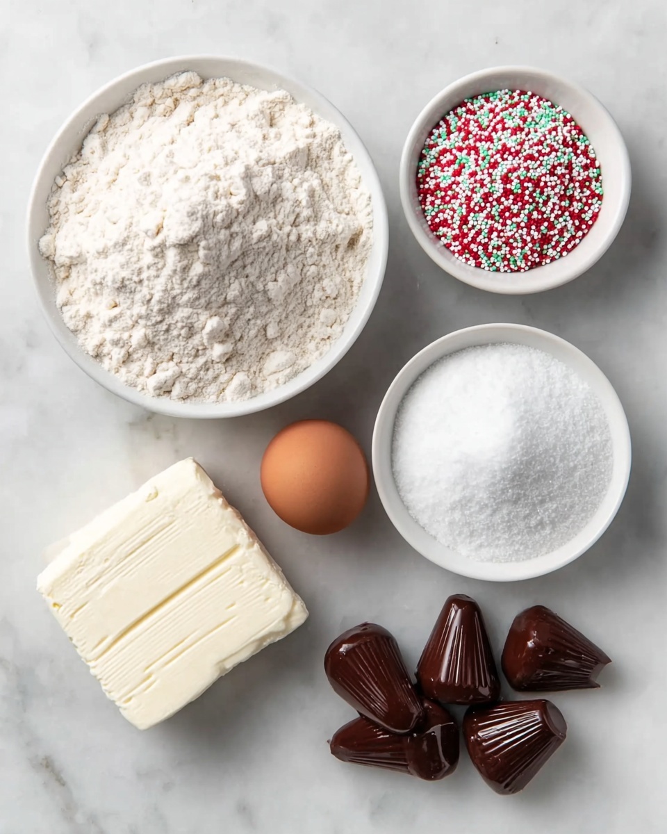 The image shows six ingredients arranged neatly on a white marbled surface. The center left features a large white bowl full of fine white flour with a slightly uneven surface. Above the flour bowl is a round white bowl with a colorful mix of red, white, and green small round sprinkles. To the right of the sprinkles sits a single brown egg with a smooth shell. On the top right, there is another round white bowl filled with fine white sugar. Below the sugar bowl lies a thick, rectangular block of white cream cheese with visible texture and light indentations. Finally, at the bottom right corner, a small pile of glossy dark brown chocolate candies shaped like soft cones rests directly on the surface. The photo was taken with an iphone --ar 4:5 --v 7