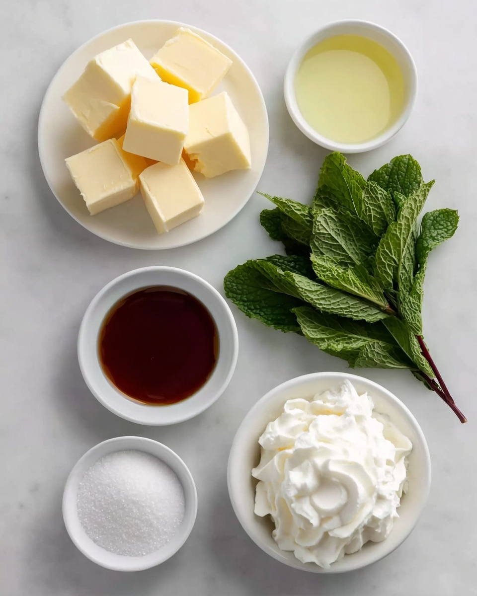 The image shows a white marbled surface with six ingredients laid out neatly. At the center-left, there are several small cubes of pale yellow butter stacked together. To the top left is a small white bowl filled with a clear light yellow liquid. Near the top right, a bunch of fresh dark green mint leaves is placed. Below the mint leaves, a white bowl contains a dark amber liquid that looks like syrup. At the bottom left, a small white bowl is filled with white granulated sugar. Finally, at the bottom right, a white bowl holds a fluffy dollop of white whipped cream. The arrangement is clean and simple, showing the fresh ingredients clearly. photo taken with an iphone --ar 4:5 --v 7