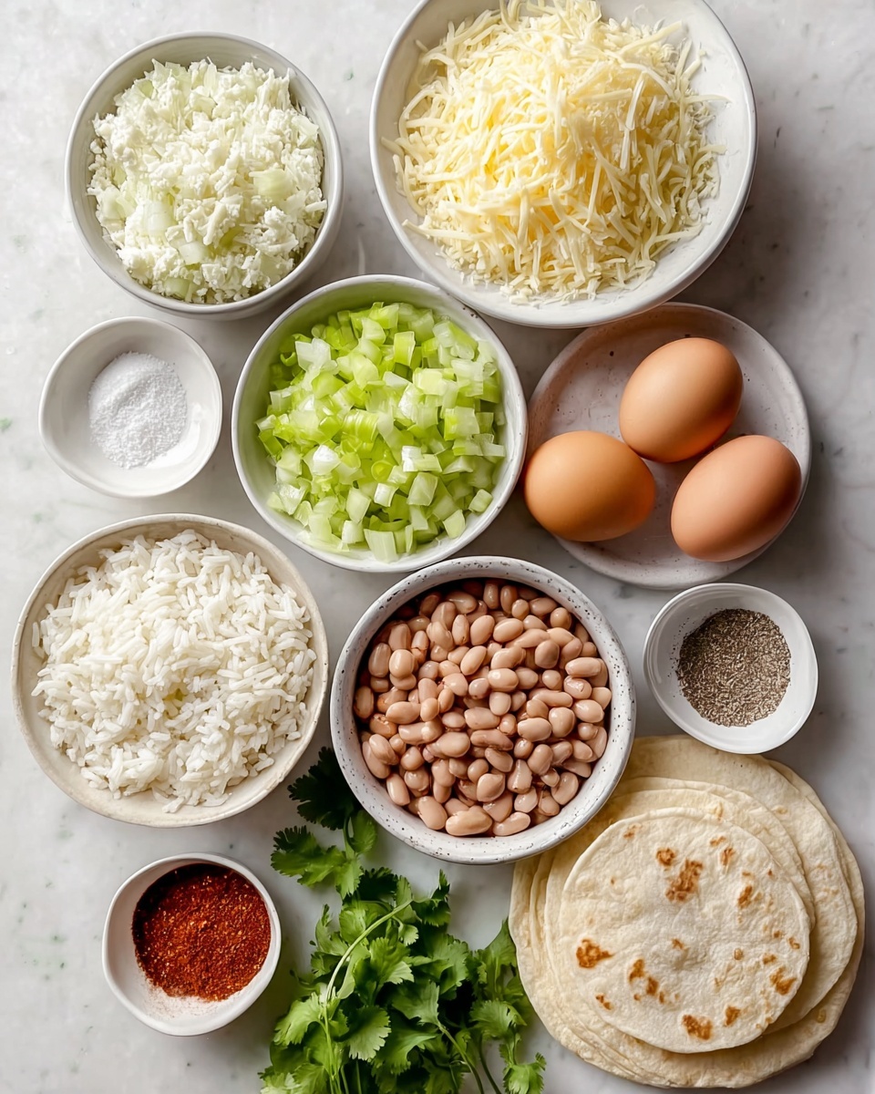 The image shows several small white bowls arranged neatly on a white marbled surface, each filled with different ingredients. One bowl contains white cooked rice with a fluffy texture, another has light brown beans. There is a bowl of finely chopped light green and white celery pieces, and another with small white onion chunks. A bowl holds light yellow shredded cheese with thin, soft strands. Three brown eggs are placed next to the bowls. Two smaller white dishes hold salt and ground black pepper, while another small bowl has red chili powder. In the corner, there is a stack of soft, round, white tortillas, and fresh green cilantro with jagged leaves rests beside them. photo taken with an iphone --ar 4:5 --v 7