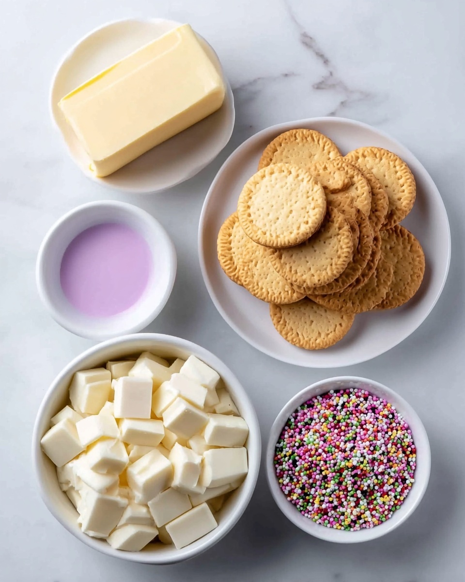 The image shows five white bowls on a white marbled surface, each with different ingredients. The top left bowl has a rectangular block of pale yellow butter. Next to it on the right, there is a white plate with eight golden sandwich cookies arranged in a loose pile. Below the block of butter is a small white bowl with light purple liquid. At the bottom left, a larger white bowl is filled with white chocolate pieces cut into small squares. On the bottom right, a small white bowl contains colorful round sprinkles in white, pink, green, yellow, and black. The overall composition is clean and bright. photo taken with an iphone --ar 4:5 --v 7