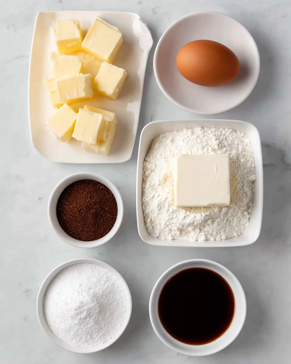 This image shows six separate ingredients placed on a white marbled surface, all in white dishes or directly on the surface. At the top left, there is a rectangular white plate holding several small cubes of pale yellow butter. To the right of the butter, there is one medium brown egg resting on the marble. Below the butter is a small round white bowl filled with dark brown sugar. Next to that, in a square white bowl, is a block of white cream cheese sitting on a bed of white flour. Below the sugar is another small round white bowl filled with fine white powdered sugar. Finally, at the bottom right, there is a small round white bowl holding a dark brown liquid, likely vanilla extract. The composition is clean and simple, with all items spaced evenly. Photo taken with an iphone --ar 4:5 --v 7
