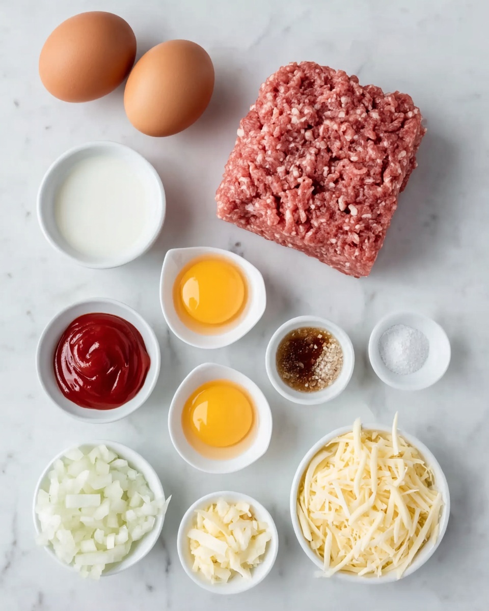 The image shows ingredients arranged neatly on a white marbled surface. At the top, two brown eggs are placed side by side. Below the eggs, in the center, there is a block of raw ground meat with a pinkish color and a rough texture. Around the meat, eight small white bowls hold different ingredients: one bowl with a white liquid, one with red ketchup, one with a yellow egg yolk, one with brown sauce sprinkled with white salt, one with finely chopped white onions scattered on the surface, one with white salt, and one with shredded pale yellow cheese. The setup is clean and organized, ready for cooking. photo taken with an iphone --ar 4:5 --v 7
