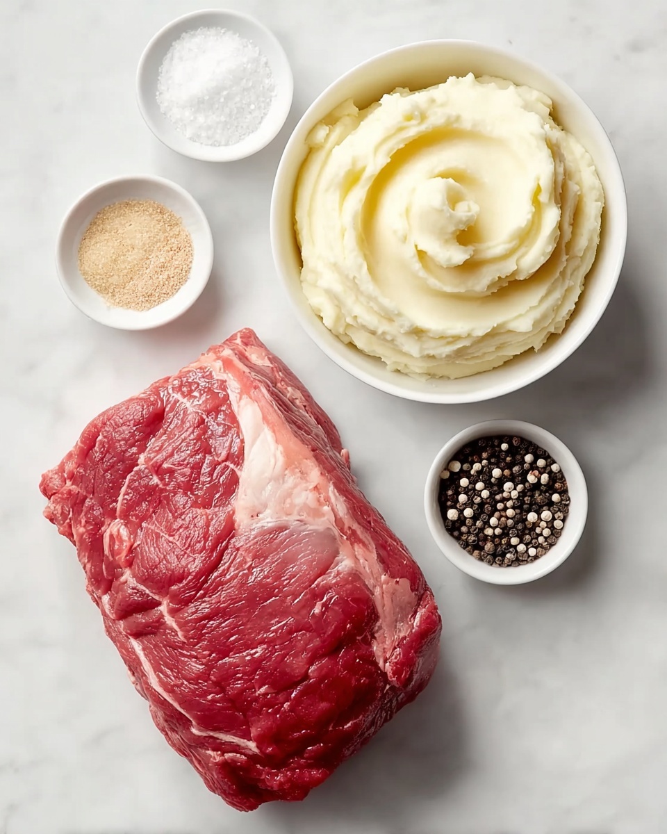 A large piece of raw red meat with light fat marbling lies on a white marbled surface in the bottom left. To its top right is a white bowl filled with smooth, creamy mashed potatoes swirled in a circular pattern. Above the meat and to the left are two smaller white bowls, one containing coarse white salt and the other light brown granulated seasoning. To the right of the mashed potatoes sits a fourth small white bowl filled with mixed black and white whole peppercorns. The scene is bright and clean, showing the fresh textures and colors clearly. photo taken with an iphone --ar 4:5 --v 7