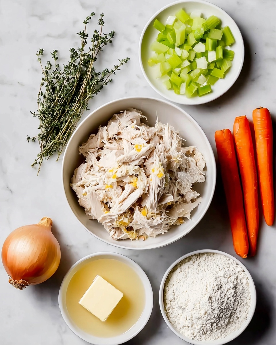 A white bowl filled with shredded light beige chicken mixed with small yellow pieces sits in the center on a white marbled surface. Surrounding the bowl are fresh ingredients: a small bunch of green thyme sprigs on the left, a whole round light brown onion below the thyme, a pile of chopped green celery pieces next to the onion, and three whole bright orange carrots on the right. Two small white bowls hold dry white flour and a square piece of light yellow butter, placed towards the bottom right. Another small white bowl containing pale yellow liquid is positioned near the flour. The colors are fresh and natural, with soft lighting and clear details. photo taken with an iphone --ar 4:5 --v 7
