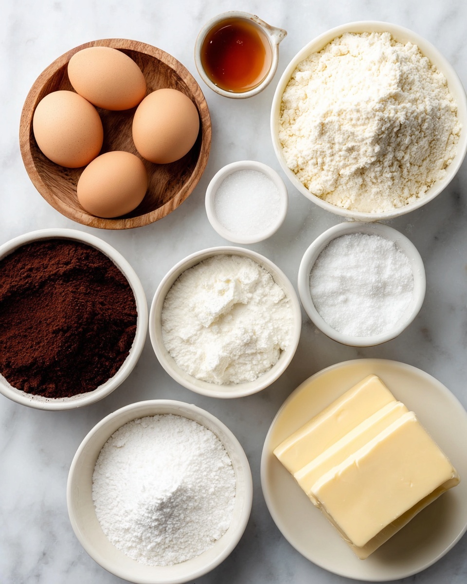 The image shows eight baking ingredients placed on a white marbled surface, arranged neatly. Starting from the top left, three light brown eggs sit side by side, below them is a small wooden bowl filled with coarse white salt. To the right is a round white bowl filled with fluffy white flour, next to it is a smaller round white bowl containing amber-colored vanilla extract. Below the eggs and salt is a small white bowl with white powdered baking soda, next to it is a larger white bowl filled with fine white sugar. At the bottom left, there is a white bowl with dark brown cocoa powder. To the right of the cocoa powder is a white plate holding two rectangular blocks of pale yellow butter. The whole setup looks clean and organized, ready for baking. photo taken with an iphone --ar 4:5 --v 7