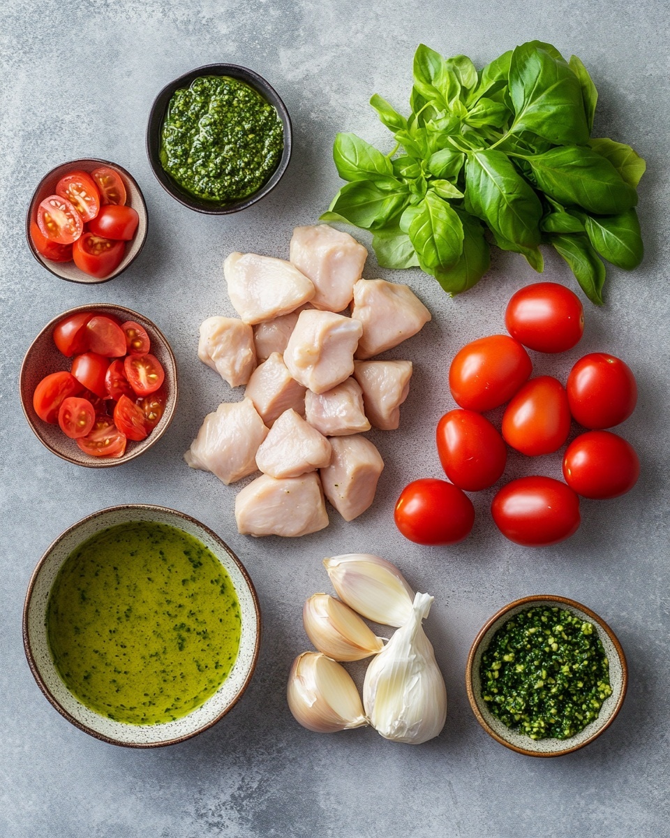 The image shows a silver pan filled with three cooked chicken pieces submerged in a creamy light tan sauce. Scattered throughout the sauce are halved and whole bright red cherry tomatoes. The sauce has a slightly thick texture with visible black pepper and dried herb specks. Small green parsley leaves are sprinkled evenly on top of the chicken and sauce. The pan sits on a white marbled surface with a black and white striped cloth nearby. photo taken with an iphone --ar 4:5 --v 7