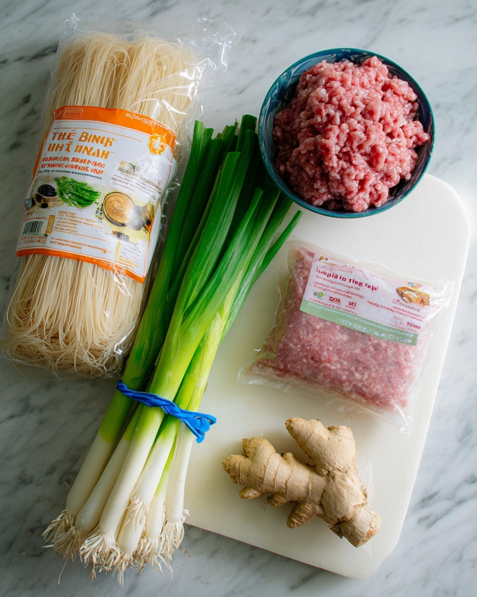 The image shows a bundle of fresh green onions with white ends tied with a blue rubber band on the left side, a clear package of rice noodles with orange and white labeling in the middle, a small round bowl with raw ground meat in a pinkish color on the top right, fresh ginger root placed on a white marbled cutting board beneath the meat, and a vacuum-sealed packet of minced garlic on the cutting board as well. All items are on a white marbled surface photo taken with an iphone --ar 4:5 --v 7