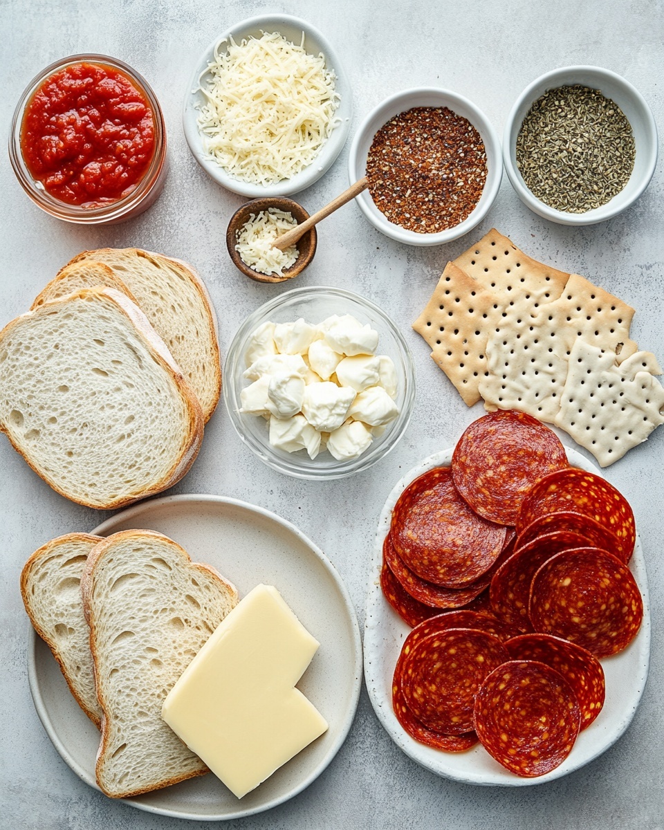 The image shows a grilled sandwich cut in half and stacked, with two golden brown toasted bread slices on each half. Inside the sandwich, there are bright red pepperoni slices on one side and melted white cheese oozing out from between the bread. The bread has a crispy, browned texture on the outside. The sandwich rests on a white paper on top of a light wooden surface with a white marbled texture in the background. In the background, there is a fresh green leafy bunch and a glass bowl with red sauce, along with some loose pepperoni slices scattered nearby. photo taken with an iphone --ar 4:5 --v 7
