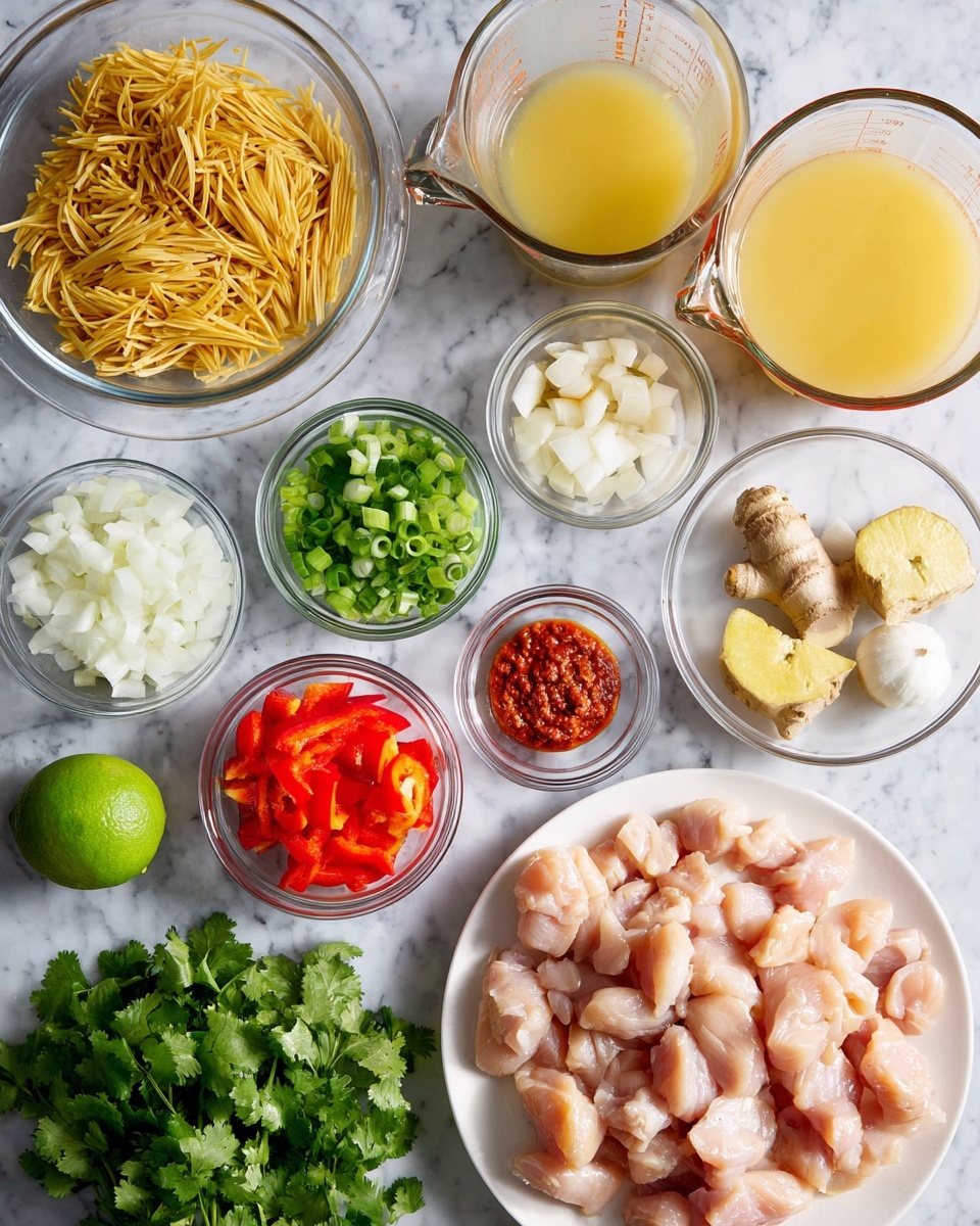 The image shows an arrangement of fresh ingredients on a white marbled surface. In the bottom right, a white plate holds many small, light pink pieces of raw chicken. Near the plate, fresh ginger root with light brown skin and a bright yellow inside is placed. Above the chicken, a small clear bowl is filled with chopped green onions, showing vibrant dark and light green rings. Next to it, another small clear bowl contains a spicy red paste. On the left side, a bigger clear bowl holds diced white onions. Below it, a bunch of fresh green cilantro rests next to a whole lime and a half lime showing its juicy green inside. Also visible are peeled garlic cloves and uncooked pale yellow noodles. Two large glass measuring cups appear; the one on the left holds golden yellow broth, and the one on the right has white coconut milk. In the center, a bowl of chopped red bell peppers adds bright color to the setup. Photo taken with an iphone --ar 4:5 --v 7