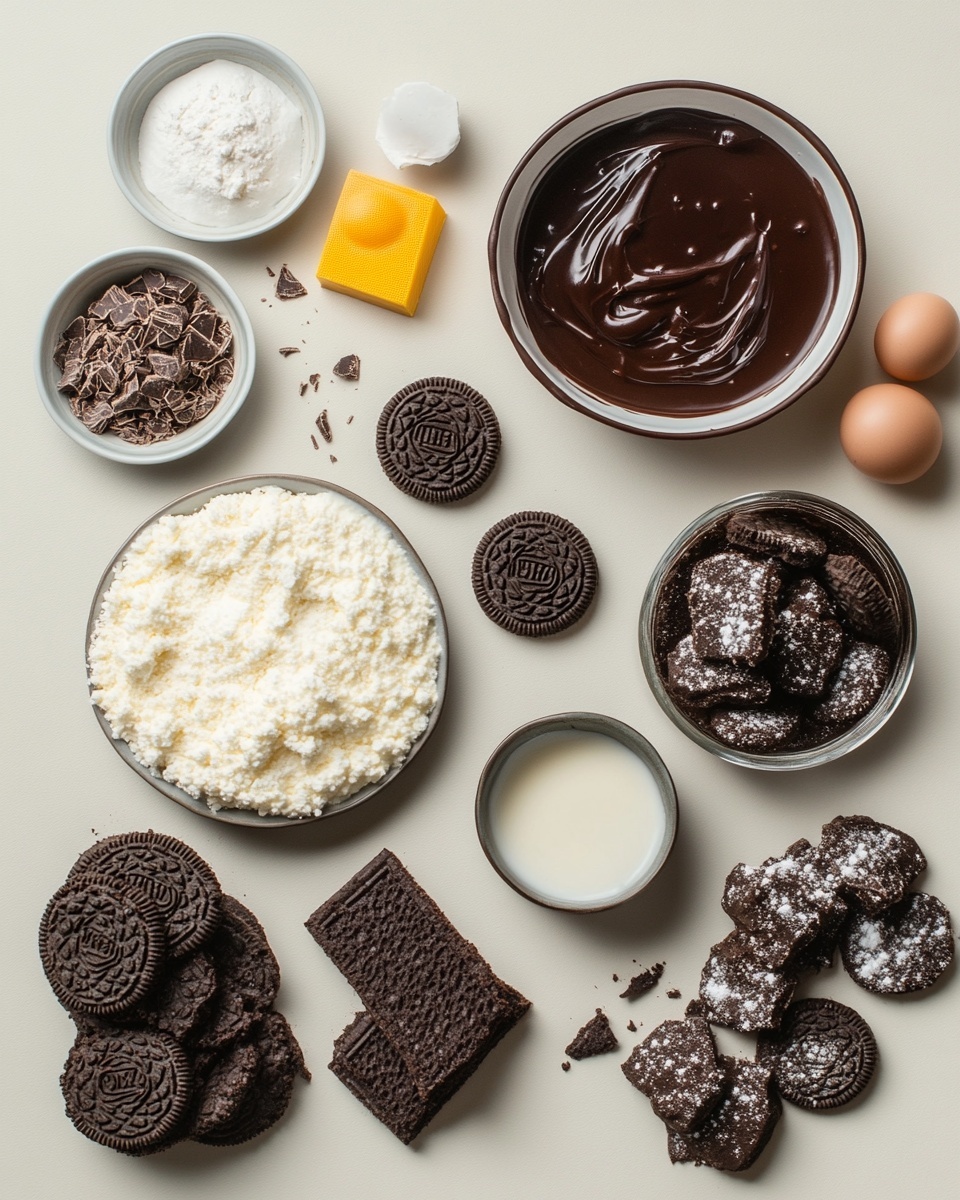 A clear glass rectangular dish holds a three-layer dessert. The bottom layer is not visible but the second layer is a light brown creamy mousse with a smooth and fluffy texture. The top layer is covered with small and large crushed dark chocolate cookie pieces, unevenly spread across the surface. The dish rests on a surface with a white marbled texture. photo taken with an iphone --ar 4:5 --v 7