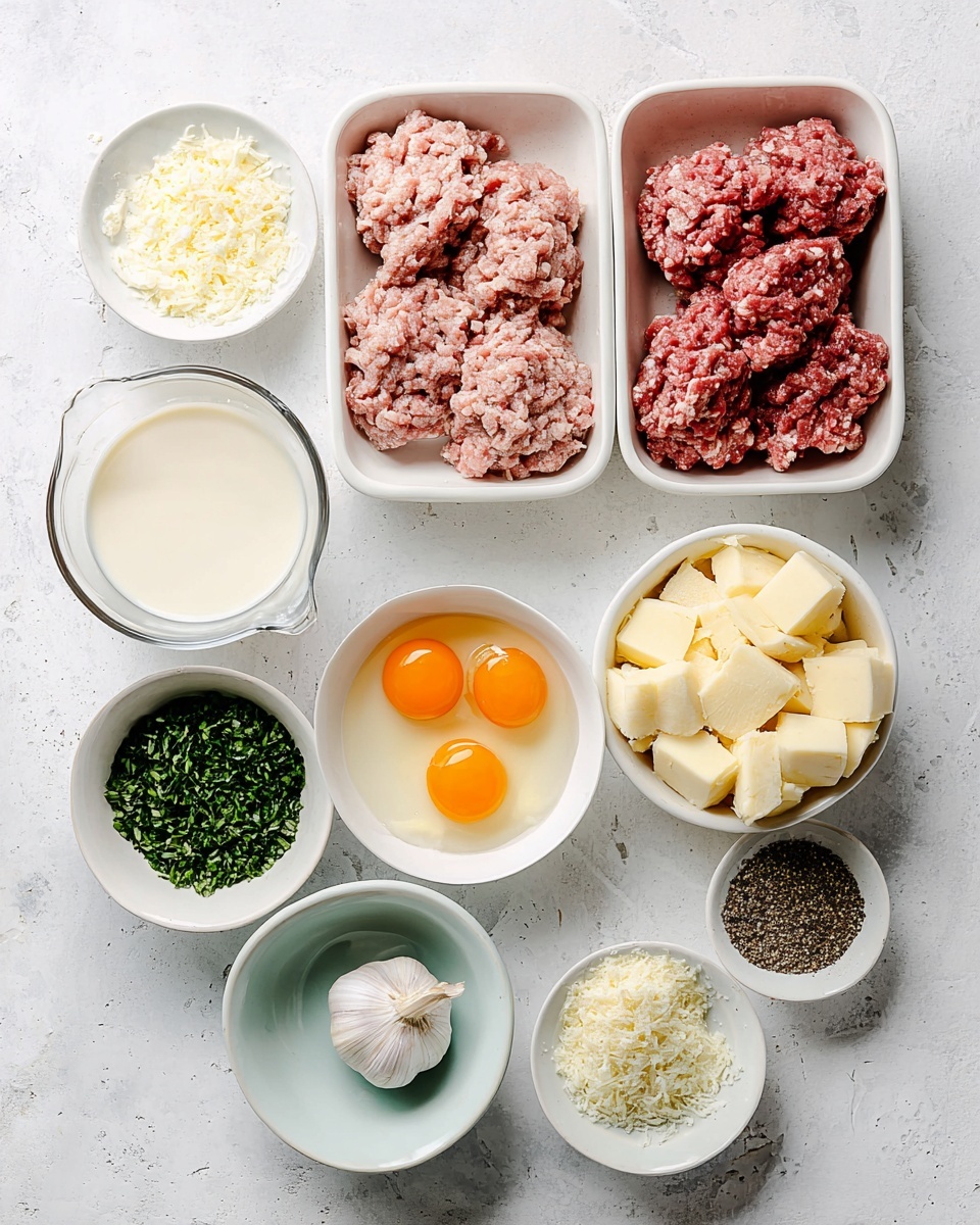 The dish shows a white shallow bowl filled with spaghetti tangled at the bottom layer in a light reddish tomato sauce. On top, there are seven round meatballs covered with chunky red tomato sauce sprinkled with grated cheese and small green herb bits. One meatball is halved, showing a brown cooked inside with green herbs. A golden fork is placed inside the bowl on the right, partially touching the spaghetti. The bowl is on a white marbled surface with a small white bowl of shredded cheese next to it. Photo taken with an iphone --ar 4:5 --v 7