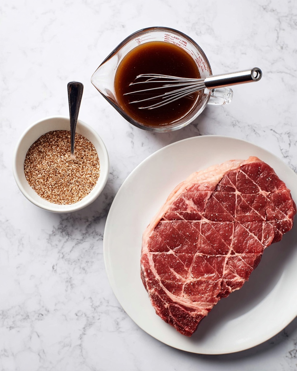 The image shows a white plate on a white marbled surface with a large piece of raw meat placed on it, marked with a crisscross pattern on its surface. Next to the plate are two containers: one is a small white bowl filled with coarse brown and white spice mix with a small fork inside, and the other is a clear glass measuring cup containing a dark brown liquid sauce with a small whisk resting inside. The scene is bright and clean, focusing on the raw meat and the preparation ingredients. photo taken with an iphone --ar 4:5 --v 7