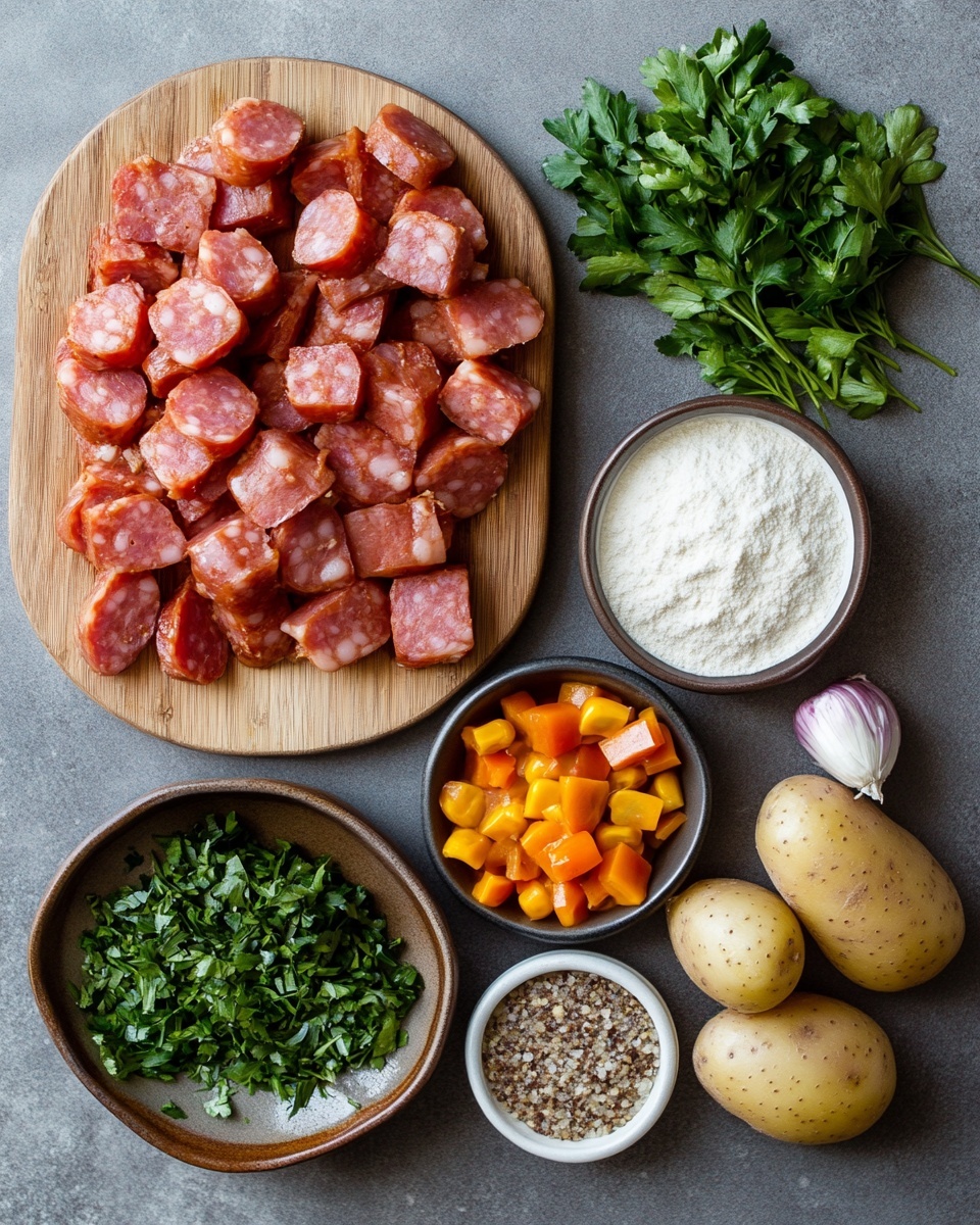 A large blue pot filled with thick stew showing three clear layers: a red-brown thick broth base with visible small bits of ground meat; dispersed throughout the stew are chunky pieces of yellow corn, diced white potatoes, green peas, orange carrots, red kidney beans, and green beans, all mixed evenly. A metal ladle is partially dipped into the stew from the top left, lifting some of the colorful mix. The background is a white marbled surface. photo taken with an iphone --ar 4:5 --v 7