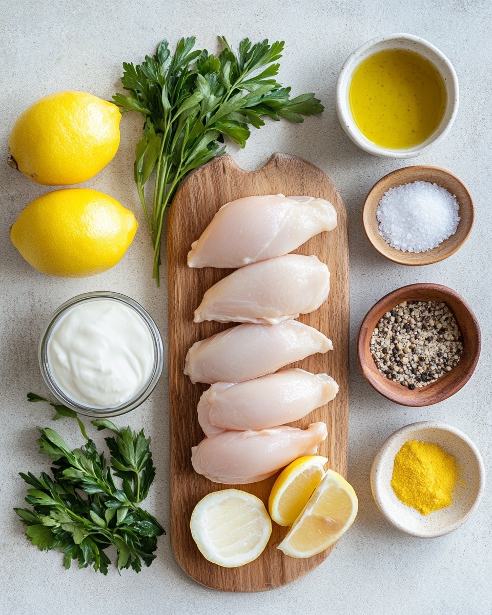 The image shows a white plate with five grilled golden-brown pieces of chicken lined up closely, each piece topped with small dollops of white sauce and sprinkled with green herbs. To the right side of the plate, there are several shiny, red cherry tomatoes. At the top corner of the plate, there is a wedge of lemon. The plate sits on a white marbled surface, and the sunlight creates a warm, inviting glow on the food. photo taken with an iphone --ar 4:5 --v 7
