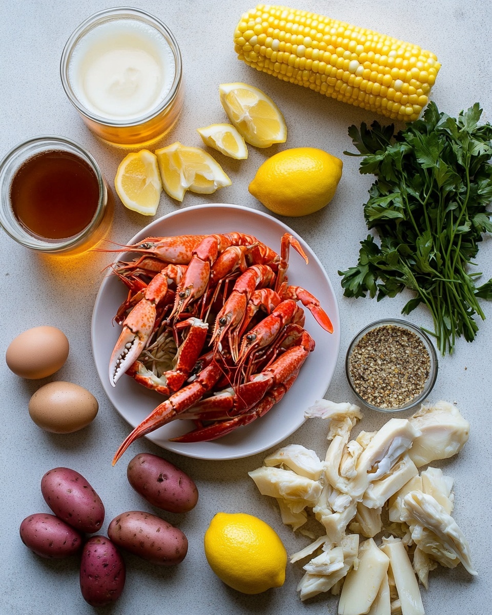 A large metal tray is filled with a seafood boil featuring bright orange crab legs with specks of green herbs, positioned mostly on the sides and top. Scattered throughout are plump pink shrimp with a slightly glossy texture, mixed with small yellow and red potatoes that look soft and coated in seasoning. There are several pieces of golden yellow corn on the cob, placed randomly across the tray. Creamy white mushrooms and lemon wedges with vibrant yellow rind are also spread on top, adding color contrast. The whole dish is covered in a light sauce with herbs and spices, making it look flavorful and moist, resting on a white marbled surface. photo taken with an iphone --ar 4:5 --v 7