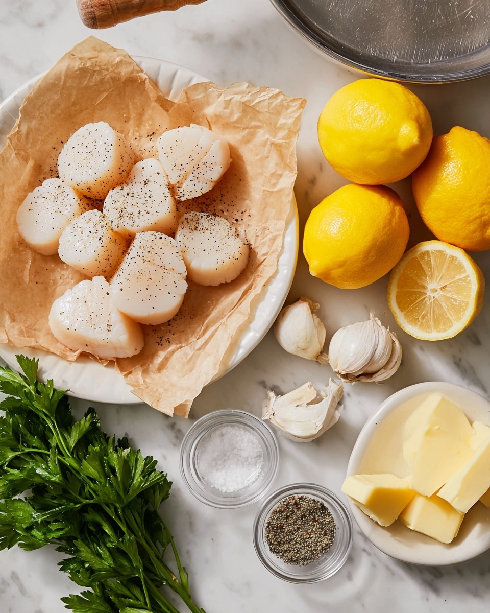 A white plate lined with brown parchment paper holds several pieces of raw scallops, each seasoned with black pepper. To the right on a white marbled surface are two whole bright yellow lemons, one sliced in half, along with three garlic cloves, two small clear glass bowls filled with coarse salt and ground black pepper, a sprig of fresh green parsley, and a partially unwrapped stick of yellow butter cut into pieces. The top of a shiny metal pan and a wooden lemon juicer are also visible near the ingredients. photo taken with an iphone --ar 4:5 --v 7
