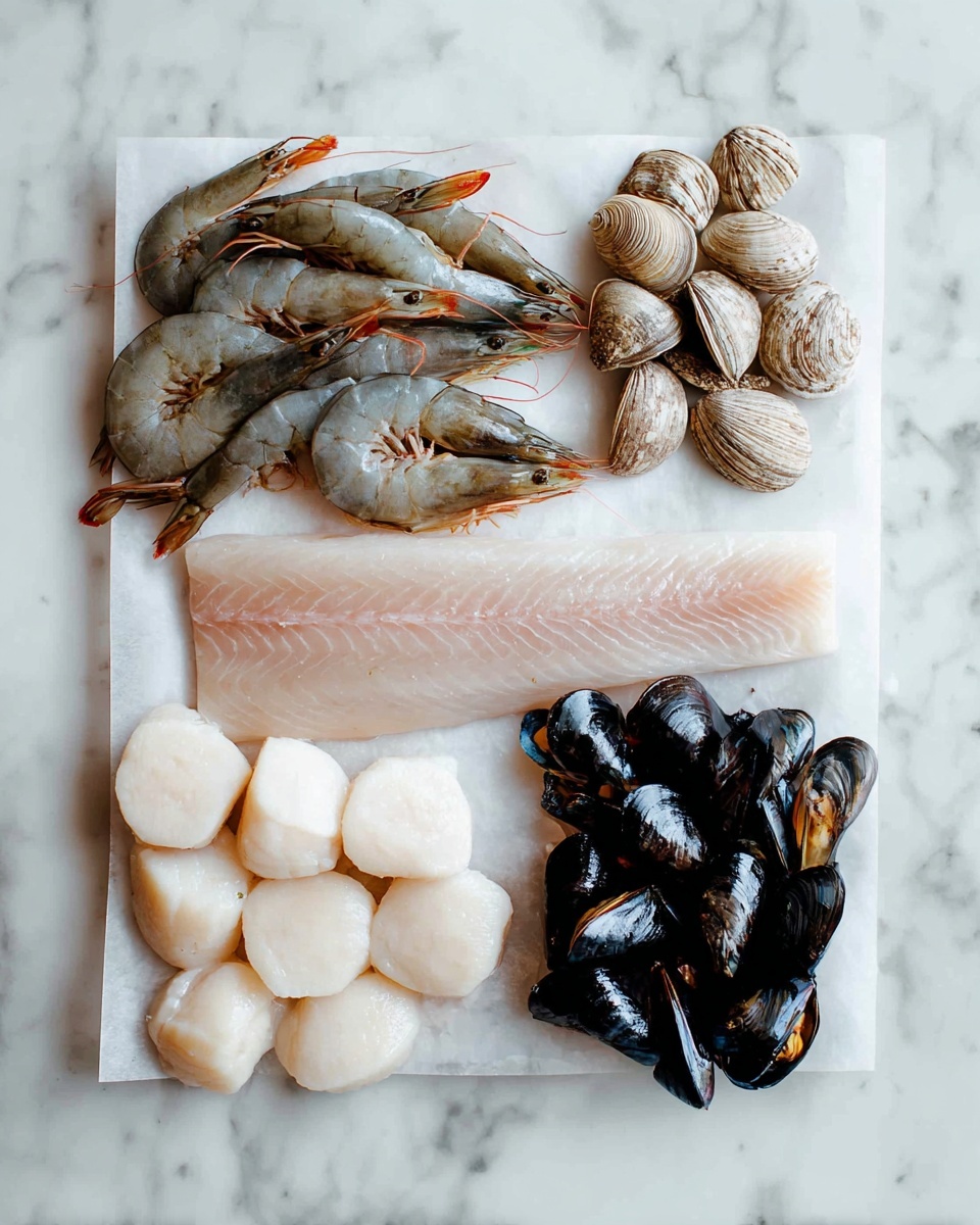 A collection of raw seafood is arranged on a square white piece of paper placed on a white marbled surface. On the top left, there is a pile of greyish shrimp with some orange tones on their legs and tails. Below the shrimp, near the bottom left, a group of creamy white scallops with smooth, rounded shapes is lined up. Centered horizontally across the middle is a long, pale pink fish fillet with a slightly translucent texture. To the top right of the fillet are some small, light brown clams with ridged shells, and below them on the bottom right, there are shiny dark blue-black mussels with an oval shape clustered close together. Photo taken with an iphone --ar 4:5 --v 7