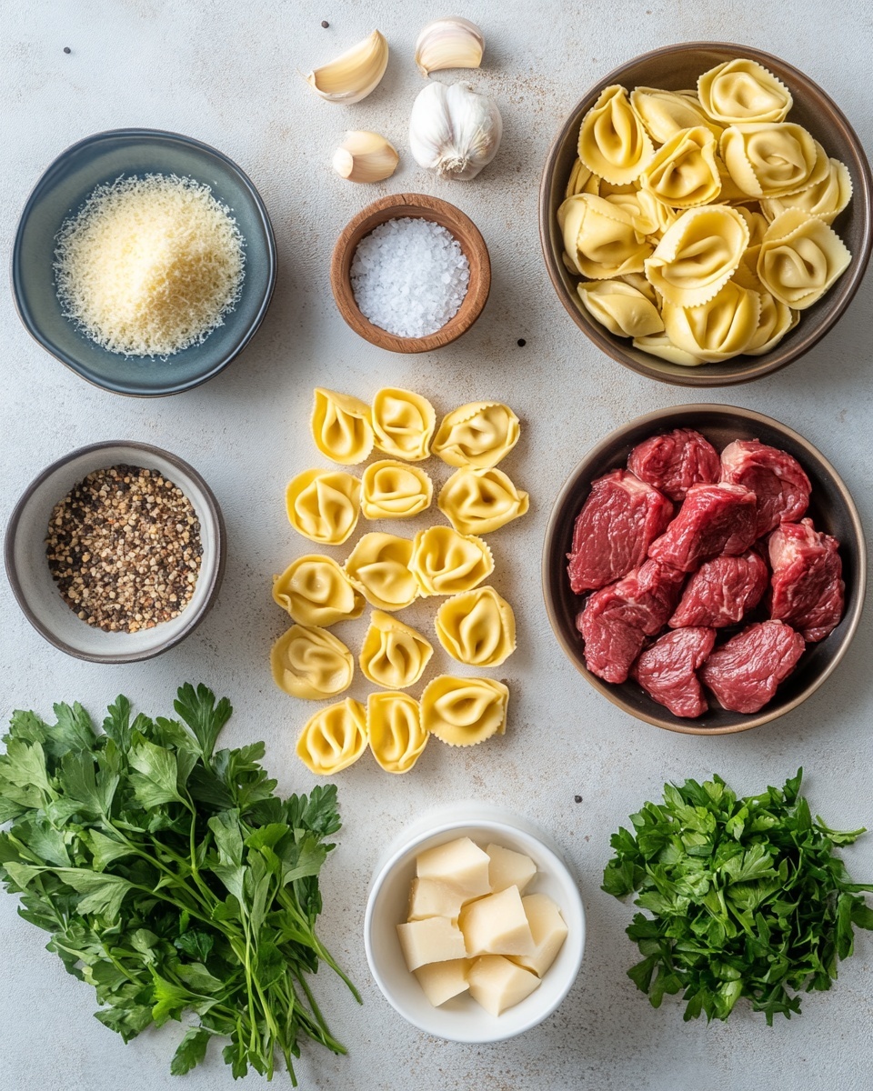 A close-up view of a creamy sauce being poured with a silver spoon over a skillet filled with tortellini pasta, tender browned meat pieces, and green bell pepper slices. The pasta is round and twisted, light yellow in color, with the meat chunks showing a rich, dark brown texture. The sauce is white and smooth, speckled with black pepper and herbs, coating the ingredients softly. Small bits of chopped green herbs are scattered across the dish, adding a fresh touch. The background features a white marbled surface, and the focus is tight on the spoon and the food inside the skillet. Photo taken with an iphone --ar 4:5 --v 7