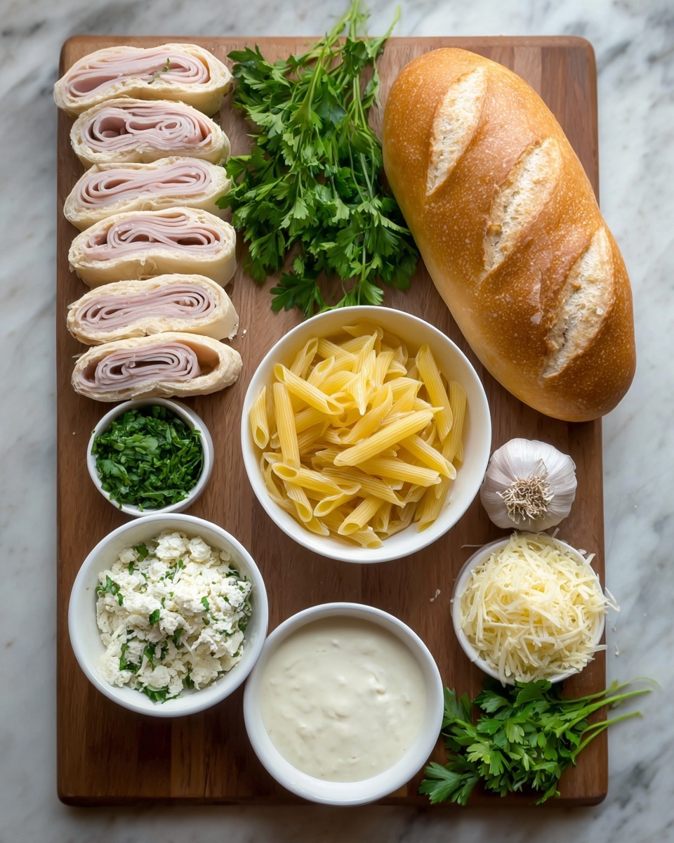 A wooden board holds a food spread arranged neatly. On the top right, a whole loaf of light brown bread with a crust pattern rests. To its left, four small sandwich pieces each wrapped with pale pink deli meat are placed next to a bunch of fresh green parsley. At the center, a white bowl filled with yellow cooked pasta sits prominently. Below it, three small white bowls are filled with different toppings: one has grated white cheese mixed with green herbs, another has creamy white sauce, and the third holds shredded cheese. On the right side of the board near the bottom, two whole garlic bulbs and fresh parsley leaves add freshness. The setting is on a white marbled surface. Photo taken with an iphone --ar 4:5 --v 7