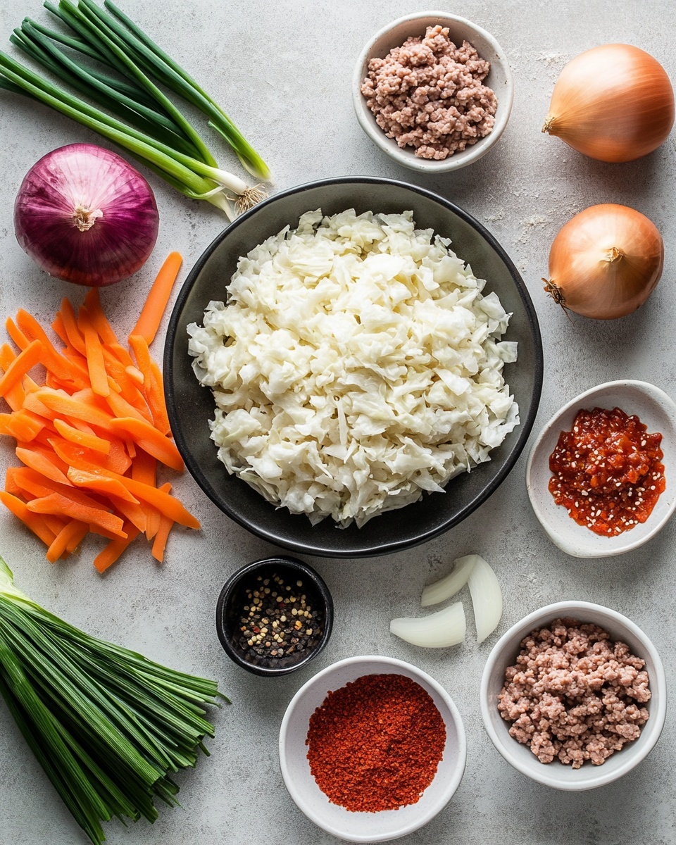 The image shows a white bowl filled with a colorful stir-fry mix. The dish has three main layers: the first layer is made of brown cooked minced meat spread all over the bottom; the second layer has thin strips of light yellow and orange vegetables, likely cabbage and carrots, mixed evenly with the meat; the third layer is sprinkled with small pieces of chopped green onions on top, adding fresh green spots to the dish. The texture looks soft and slightly oily with a mix of finely chopped ingredients. The bowl is placed on a white marbled surface. photo taken with an iphone --ar 4:5 --v 7