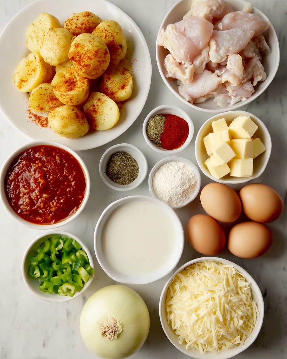 A white plate holds about ten yellow round potato halves sprinkled with orange-red spices stacked loosely. To the right, a white bowl is filled with irregular pieces of raw pale pink chicken. Above it, a small white bowl contains three ground spices in green, red, and brown. Below the spices, there is a whole pale yellow onion placed directly on a white marbled surface. Next to the onion are four brown eggs on a white plate. Below the eggs, a white bowl is filled with a smooth white liquid. A small white bowl with chopped green bell peppers is placed beside the liquid. Above the peppers, another small white bowl holds a thick red sauce with a chunky texture. Above the sauce, a small white bowl contains yellow cubes of butter. Next to the butter, a medium white bowl has fine white flour. At the bottom right, a white bowl is piled high with shredded pale yellow cheese. The scene is arranged over a white marbled surface. photo taken with an iphone --ar 4:5 --v 7