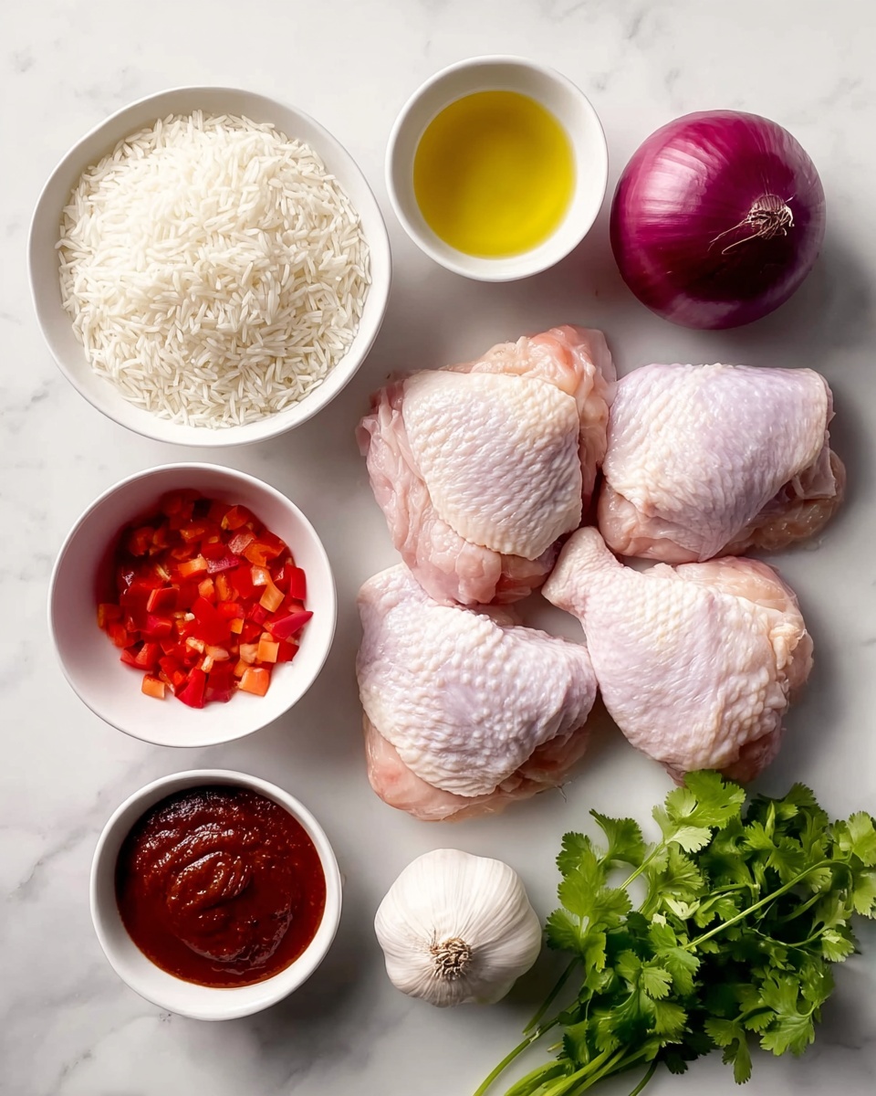 The image shows a white marbled surface with several ingredients arranged clearly. In the center right, there are four raw chicken thighs with bumpy skin and pale pink color. Above them, there is one whole yellow onion and one whole red onion. To the left of the chicken, there are four white bowls: one filled with white rice, one with yellow oil, one with small pieces of red bell pepper, and one with a thick red sauce. Below the bowls, there is a whole garlic bulb with white papery skin. In the bottom right corner, there is a small bunch of fresh green cilantro leaves. The composition is neat and the colors are bright and natural. Photo taken with an iphone --ar 4:5 --v 7