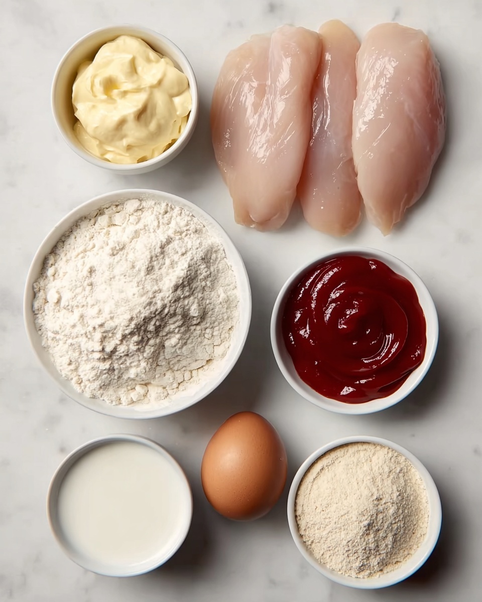 The image shows seven ingredients arranged neatly on a white marbled surface. At the top right, there are four raw pale pink chicken fillets laid side by side, smooth and shiny. To the left of the chicken, there is a small white bowl filled with thick pale yellow mayonnaise. Below the mayonnaise is a medium white bowl filled with fine white flour, piled high with a softly textured surface. To the right of the flour is a single brown egg resting on the marbled surface. Below the egg, there is a small white bowl with white milk inside, smooth and light in color. Next to the milk, on the right side, there is a small white bowl filled with rich red ketchup, swirled on top. At the bottom right corner, there is another small white bowl filled with powdery beige seasoning. Everything is shown clearly with good lighting and the photo taken with an iphone --ar 4:5 --v 7