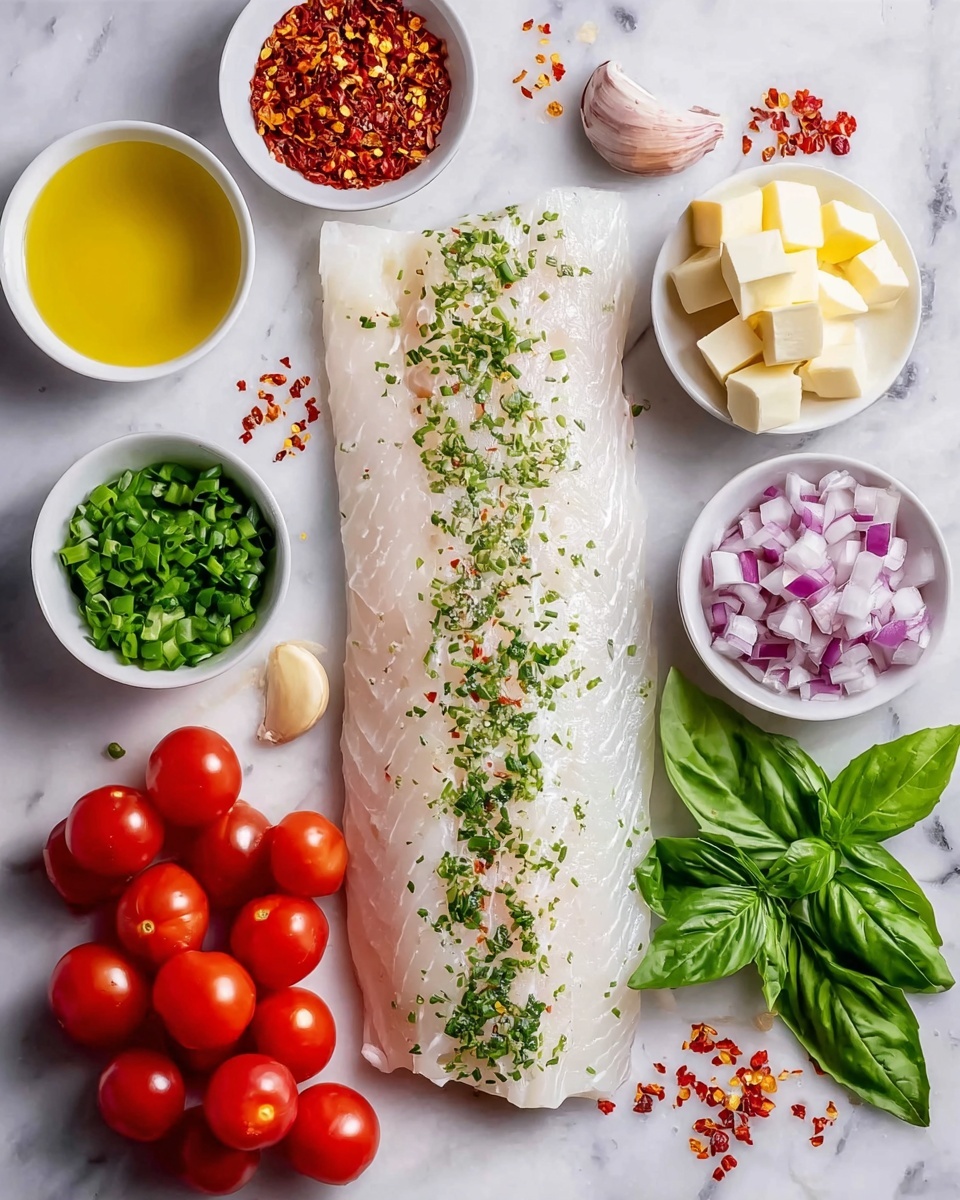 The image shows a large piece of raw white fish fillet sprinkled with finely chopped green herbs, placed at the center on a white marbled surface. Surrounding the fish are small white bowls containing ingredients: golden olive oil at the top left, red chili flakes at the top center, cubed white butter at the top right, chopped green onions at the bottom left, and small diced purple onions at the bottom center. To the right of the fish, there are bright red cherry tomatoes and a bunch of fresh green basil leaves. Nearby, finely chopped white garlic and scattered red chili flakes are also visible on the surface. Photo taken with an iphone --ar 4:5 --v 7