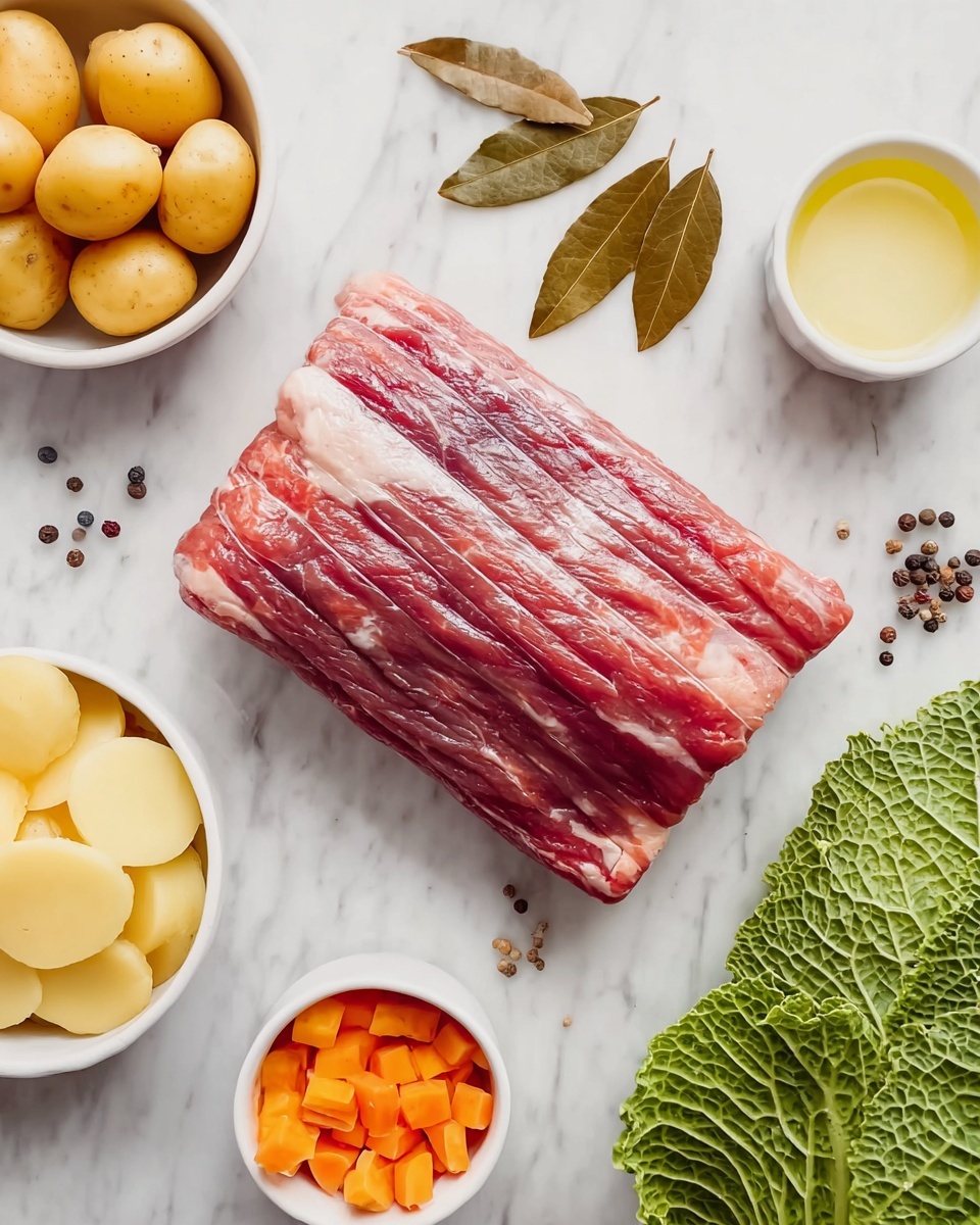The image shows a raw rectangular cut of red meat with white fat streaks placed on a white marbled surface in the center. Surrounding it are several bowls: at the top left, a white bowl filled with small round yellow potatoes, at the bottom left, a white bowl with sliced yellowish potatoes, at the top right, a white bowl containing a light yellow liquid, and at the right middle, a white bowl with small orange cubes. Near the meat at the top, there are three dried brown bay leaves and scattered black and white peppercorns on the white marbled surface. At the bottom right corner, a light green leafy vegetable with large textured leaves is visible. The photo taken with an iphone --ar 4:5 --v 7