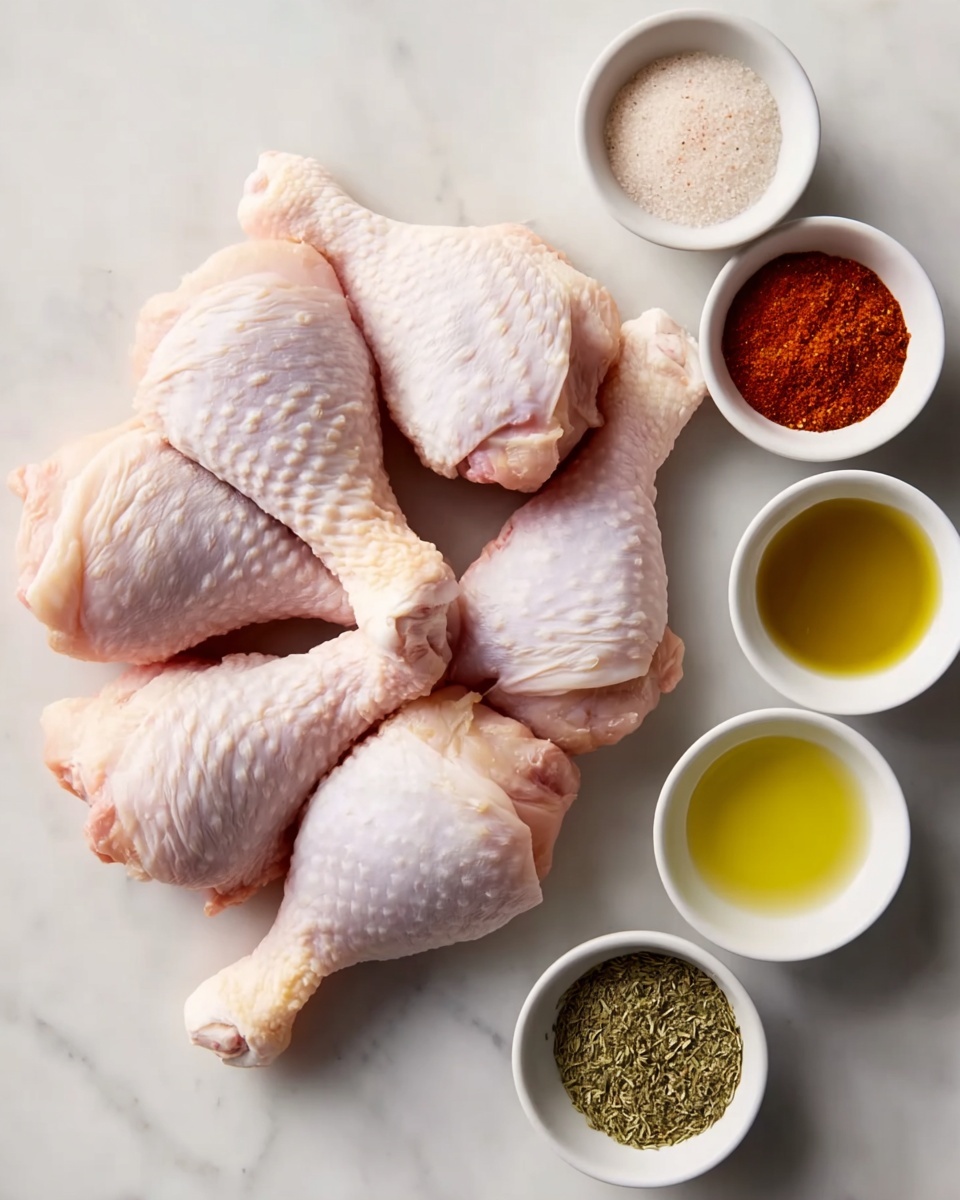 This image shows eight raw chicken drumsticks arranged in a loose pile on the left side of a white marbled surface. On the right side, there are four small white bowls stacked in a column, each holding a different ingredient: the top bowl contains reddish-brown chili powder, the next one below holds golden yellow olive oil, followed by a bowl of coarse off-white salt, and the bottom bowl has dried green herbs. The chicken skin is pale pink with a bumpy texture, and the bowls are clean and neatly filled. The setting is bright with soft natural light. photo taken with an iphone --ar 4:5 --v 7