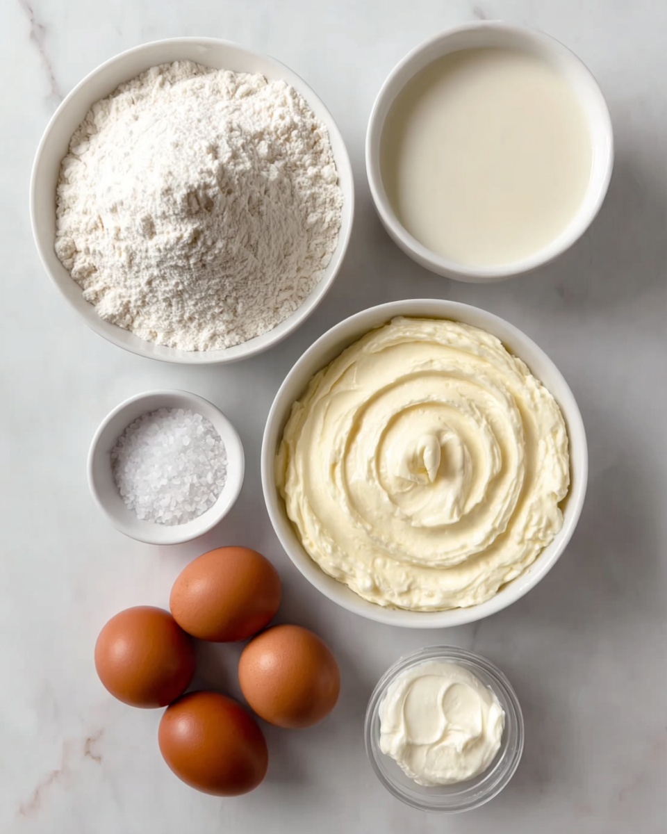 The image shows seven ingredients placed neatly on a white marbled surface. There is one large white bowl filled with white flour piled up in a small mound on the left side near the top. To its right, a smaller white bowl holds a smooth, off-white liquid, likely milk. Below the flour, a small white bowl contains coarse salt with visible crystals. To the right of the salt bowl, a larger white bowl is filled with a thick and creamy white substance, swirled smoothly on the surface, likely butter or cream cheese. Near the bottom, four brown eggs are arranged close together in a cluster. Lastly, at the bottom right, a transparent small container holds a white paste or cream. The setting is clean and simple, with all items clearly visible, and the photo is taken with an iphone --ar 4:5 --v 7