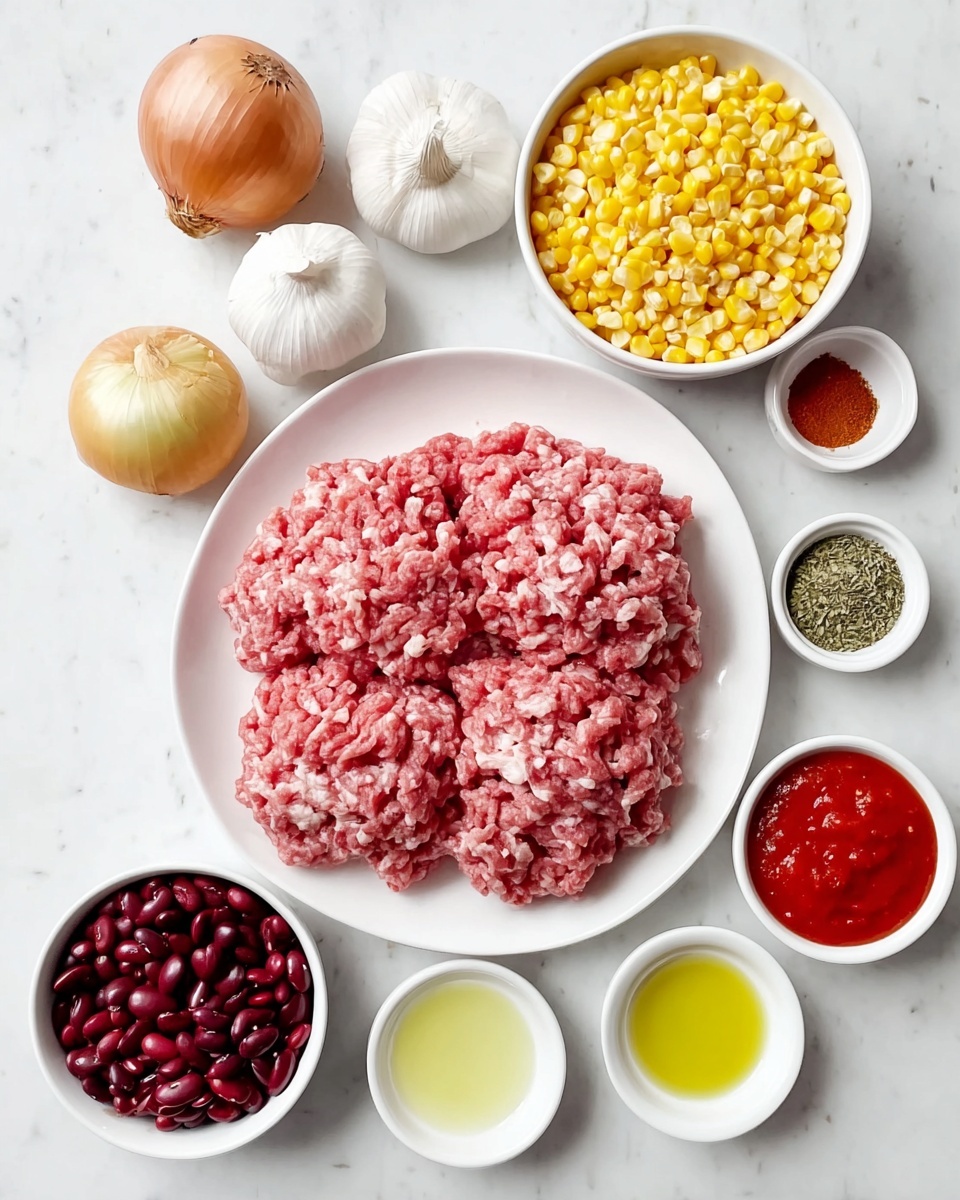 A white plate holds two large piles of raw ground meat that is pink with white fat mixed in, placed in the center of a white marbled surface. Above the plate, there is a white bowl filled with yellow corn kernels. To the left of the corn, a whole onion and two heads of garlic with papery skin rest on the surface. Below the meat plate, a small white bowl full of dark red kidney beans sits to the bottom left, and next to it on the right, another small white bowl holds bright red tomato sauce. To the right of the meat plate are four small white bowls in a vertical line containing, from top to bottom, a greenish herb mix, red chili powder, white salt, and yellow cooking oil. The scene is well-lit and clear. Photo taken with an iphone --ar 4:5 --v 7