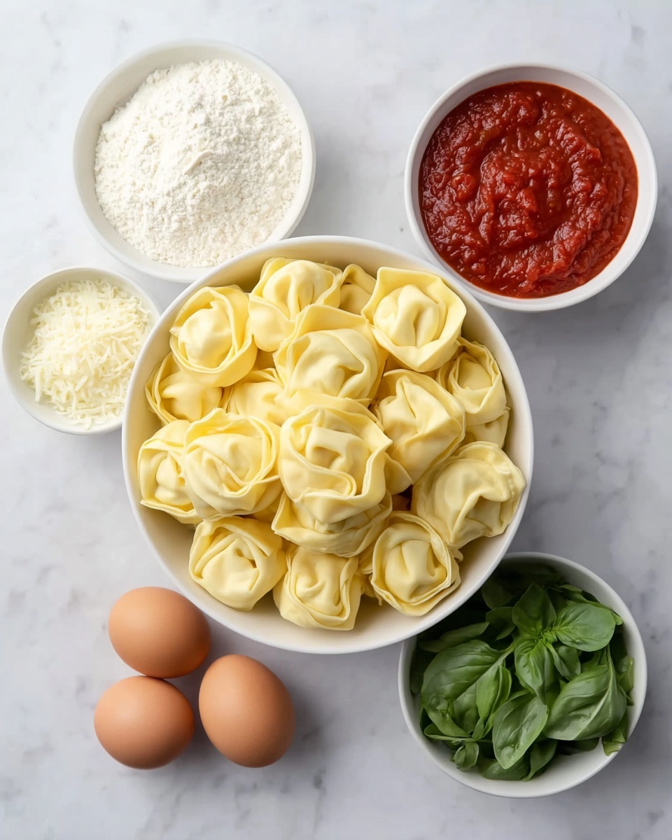 In the image, there is a large white bowl in the center filled with light yellow tortellini pasta with soft folds, arranged closely together. Around this bowl, five smaller white bowls are placed on a white marbled surface. Starting from the top left, the first small bowl contains fine white flour, to its right three brown eggs are positioned in a horizontal line. Below the flour, another small bowl holds finely grated white cheese, and to its right, a small bowl is filled with fresh green basil leaves with smooth textures. At the bottom right, a small bowl contains bright red, thick tomato sauce with a slightly chunky texture. The whole set is arranged neatly and evenly spaced. Photo taken with an iphone --ar 4:5 --v 7