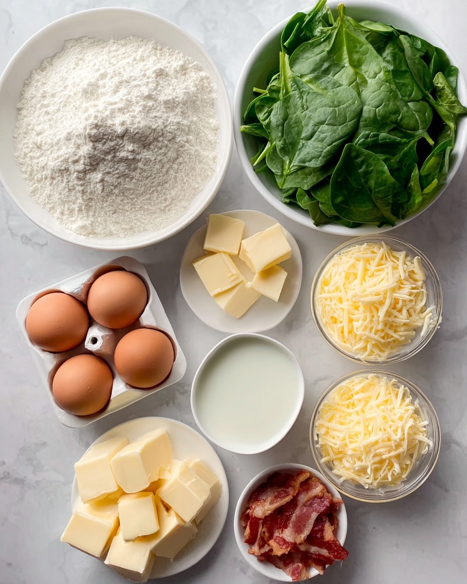 The image shows seven white bowls and a white egg tray arranged on a white marbled surface. One large bowl is filled with white flour that looks soft and powdery. Another large bowl contains fresh green spinach leaves with visible veins and smooth texture. Next to these are four brown eggs neatly placed in a white tray. A small white bowl holds a white liquid, likely milk or cream. Another white bowl is filled with bright yellow butter pieces cut into cubes. There is also a transparent bowl filled with shredded cheese that is pale yellow and stringy. Lastly, a white bowl contains cooked bacon pieces that are reddish-brown with a slightly crispy texture. Photo taken with an iphone --ar 4:5 --v 7