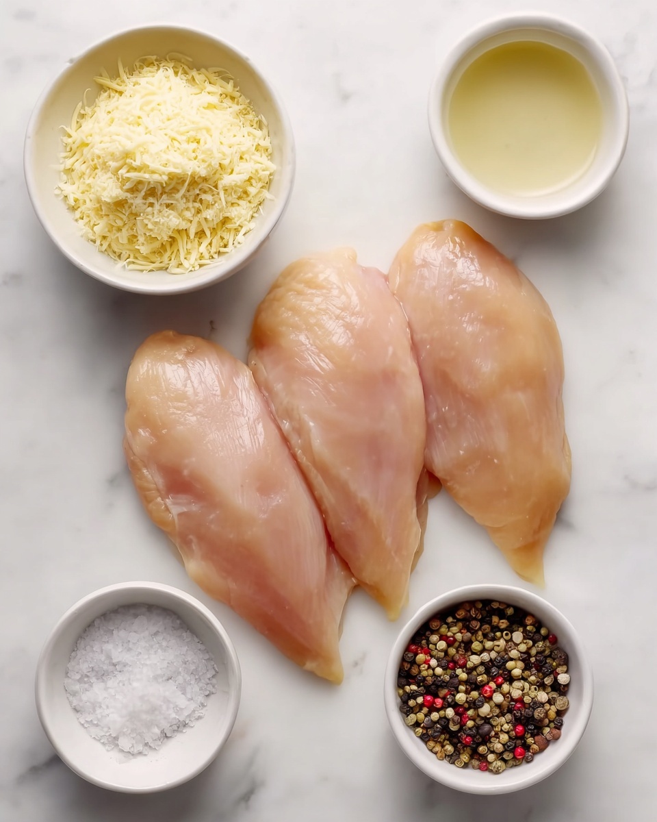 The image shows three raw chicken fillets placed side by side on a white marbled surface. Above the fillets, there are two small white bowls: the left one filled with light yellow grated cheese and the right one containing a clear liquid. Below the fillets, two smaller white bowls are positioned, the left bowl holding coarse white salt, and the right bowl filled with mixed black and red peppercorns. The clean, simple arrangement highlights the natural textures and colors of the ingredients. photo taken with an iphone --ar 4:5 --v 7