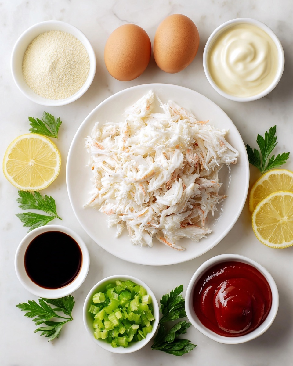 The image shows a white plate full of white and light pink shredded crab meat with a soft texture in the center. Around the plate, there are small white bowls containing different ingredients: the top right bowl has smooth, creamy white mayonnaise; the top left bowl holds granulated pale yellow seasoning; the bottom left bowl contains dark, glossy soy sauce; the bottom center bowl is filled with fresh, chopped bright green celery; and the bottom right bowl contains thick, shiny red ketchup. Two brown eggs are positioned near the top center, flanked by lemon slices on the left and right sides. Green parsley leaves are placed near the bottom corners, all set on a white marbled surface. photo taken with an iphone --ar 4:5 --v 7