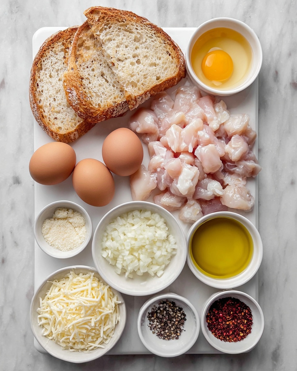 The image shows a white rectangular board on a white marbled surface holding several ingredients organized neatly. In the top left corner are two pieces of lightly toasted bread in white and golden brown colors with a coarse texture. Next to the bread is one light brown egg and below it four more eggs of the same color arranged in a cluster. In the center right is a pile of raw, cut light pink chicken pieces with a glossy texture. Surrounding these main items are small white bowls containing various ingredients: a bowl of golden yellow oil, a bowl of white creamy sauce, a bowl of finely chopped white onions, a bowl of grated white cheese, another bowl of grated yellowish-white cheese, a bowl of mixed white and black peppercorns, a bowl of black pepper, salt, and other mixed spices, and a bowl of red chili flakes. The whole arrangement is clean and bright, photographed from above, giving a clear view of all textures and colors photo taken with an iphone --ar 4:5 --v 7
