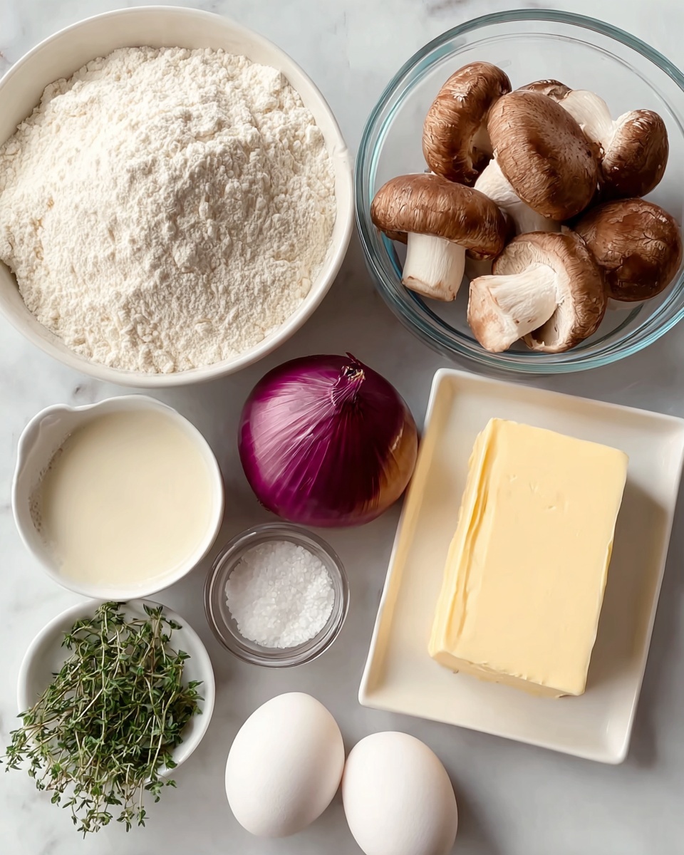 The image shows various fresh ingredients arranged on a white marbled surface. There is a large white bowl filled with white flour on the upper left side. Next to it, on the right, is a clear glass bowl holding whole brown mushrooms with light stems. Below the flour is a whole purple onion, smooth and shiny. To the right of the onion is a square white dish holding a solid block of yellow butter with a creamy texture. Below the butter and mushrooms is a small white round bowl of coarse white salt, fresh green thyme sprigs in a small white bowl, and two white eggs with smooth shells placed side by side. A small white bowl containing a light cream or batter and another small white bowl with dark liquid, possibly soy sauce or vanilla, complete the setup, creating a clean, fresh, and organized look. Photo taken with an iphone --ar 4:5 --v 7