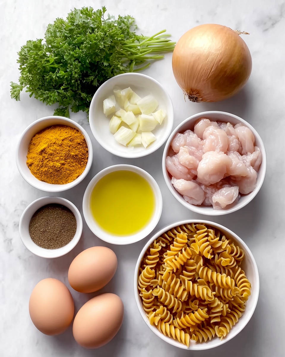 The image shows an overhead view of cooking ingredients placed neatly on a white marbled surface. There is a bundle of fresh green parsley at the top left. Below it, there is a medium-sized whole onion with light brown skin. To the right of the onion, a small white bowl holds several pieces of chopped garlic. Next to it, a white bowl is filled with light pink chunks of raw chicken. Below the chicken, another white bowl contains bright yellow turmeric powder. To the left of the turmeric, there is a white bowl with a dark brown, finely ground spice. In the center, a white bowl holds a light yellow liquid, likely oil. At the bottom left, three brown eggs are arranged in a small cluster. Finally, a white bowl at the bottom right is filled with spiraled dry pasta shaped like corkscrews. The photo taken with an iphone --ar 4:5 --v 7