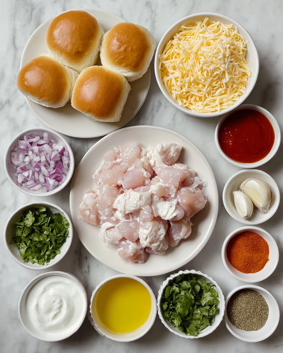 The image shows a white round plate in the center filled with small pieces of raw pale pink chicken. Surrounding it are several small white bowls arranged in a loose circular pattern. At the top left, six soft golden brown dinner rolls sit side by side on a white plate. To the right in a white bowl, there is a pile of shredded pale yellow cheese. Below that, two small white bowls hold a bright yellow liquid and bright red sauce. Two bowls on the right contain different spices: one has two cloves of garlic and ground black pepper, the other holds orange and green ground spices. At the bottom left, there is a white bowl of thick white yogurt, next to chopped purple and white onions, and chopped green cilantro leaves in white bowls. The whole scene is placed on a white marbled surface, photo taken with an iphone --ar 4:5 --v 7