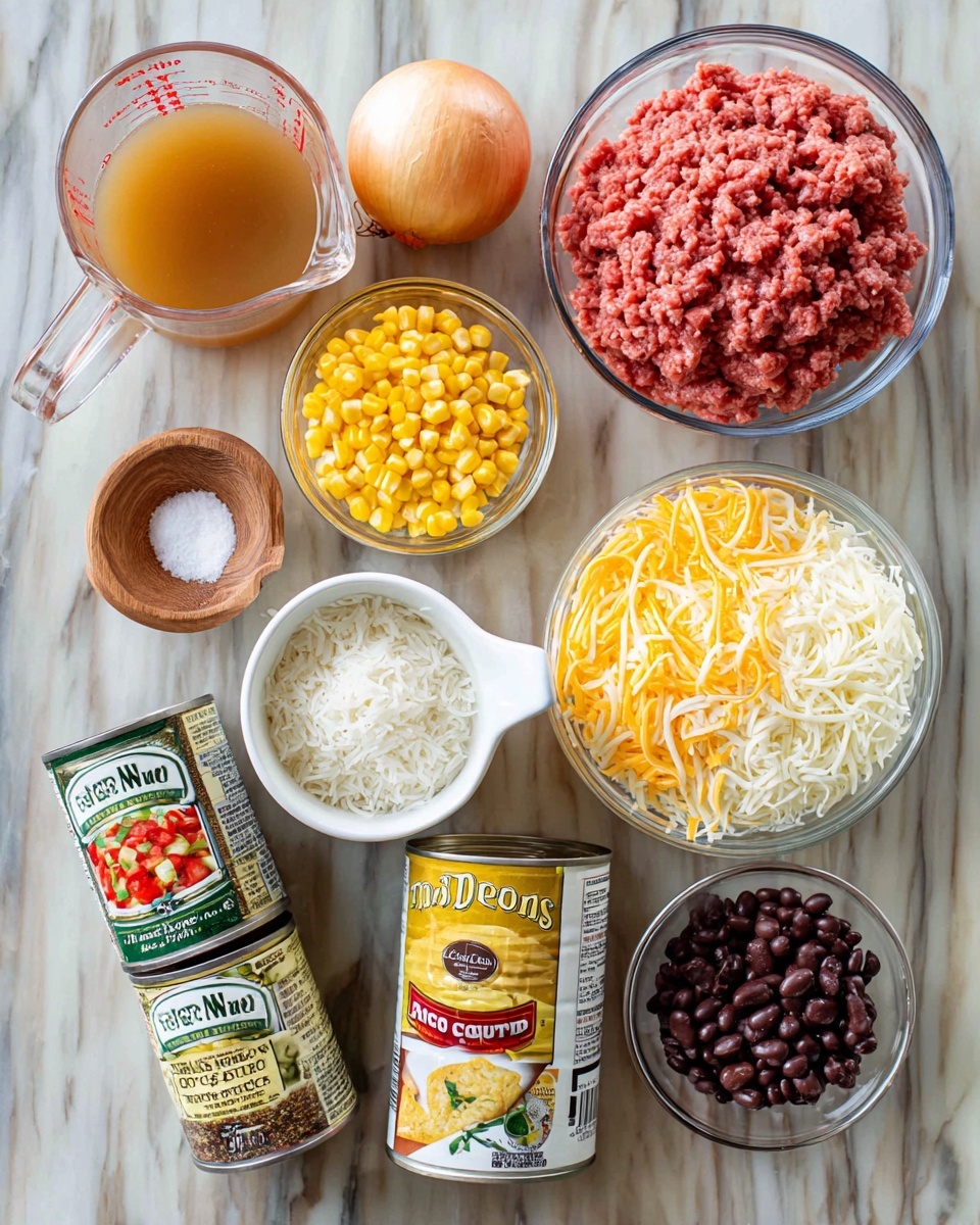 The image shows a white marbled surface with various ingredients arranged neatly: at the top right, a clear glass bowl filled with fresh red ground meat; below it, a clear glass bowl full of shredded yellow and white cheese; to the left of the cheese, a transparent measuring cup with light brown broth. Moving clockwise, there is a white cup filled with white rice, three metal cans with colorful labels (one with diced tomatoes and green chilies, one with whole yellow corn kernels, and one with black beans), and three cloves of garlic alongside a yellow onion at the top left corner. A small wooden bowl of salt and a small spice jar labeled 