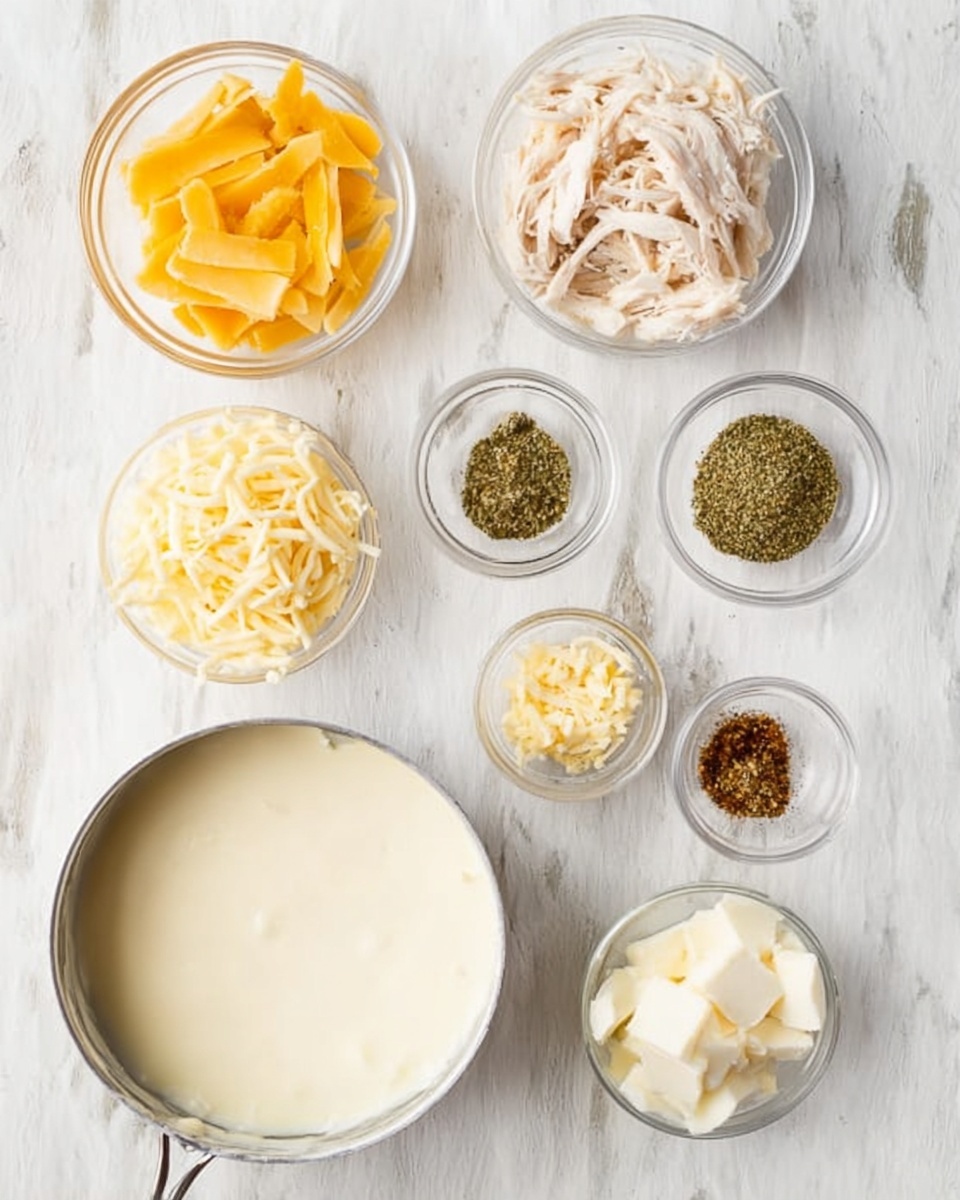 The image shows an overhead view of ingredients arranged neatly on a white marbled surface. There are seven clear glass bowls: one with yellow sliced pieces, one with shredded white meat, one with grated light yellow cheese, another with shredded pale yellow cheese, and a smaller bowl with white soft cheese. Four small clear bowls hold different green and brown spices. There is also a silver saucepan filled with thick creamy white sauce, placed toward the bottom left. Everything is spaced evenly and neatly. photo taken with an iphone --ar 4:5 --v 7