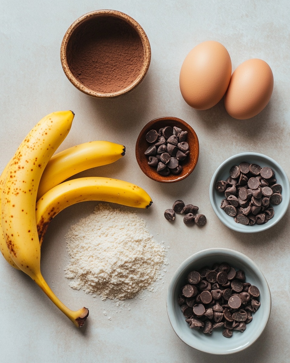 A dark brown chocolate banana bread loaf with a rough, bumpy texture rests on a wire cooling rack over a white marbled surface. The top layer is dotted with small, shiny dark chocolate chips, some slightly melted into the bread. Three thick slices are cut at the bottom, showing a dense, moist interior with a deep chocolate color and hints of chocolate chips inside. To the side, a yellow banana and a knife with a light beige handle are placed, and a white and green striped cloth is folded nearby. Photo taken with an iphone --ar 4:5 --v 7