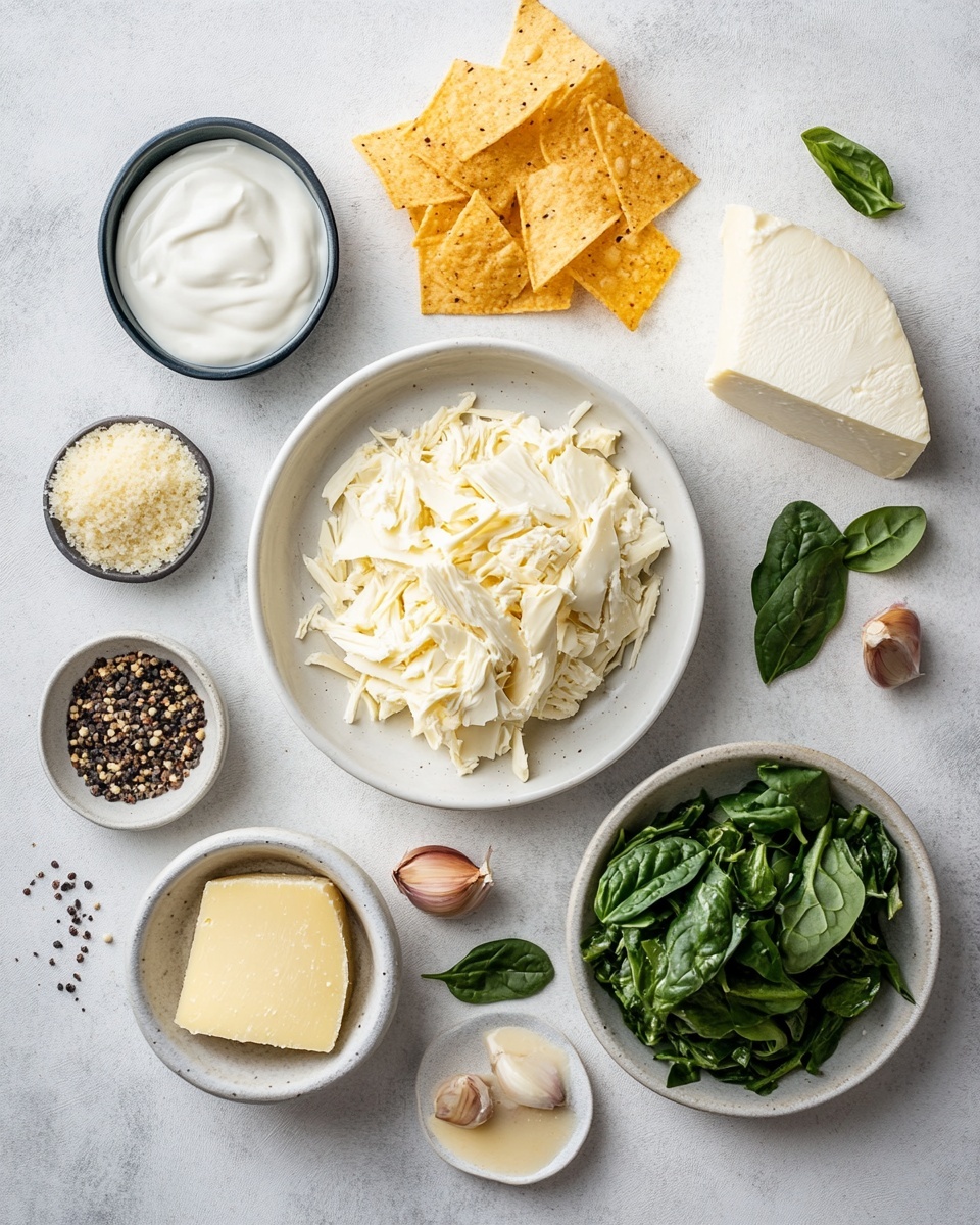 The image shows a white oval baking dish filled with creamy spinach and artichoke dip. The top layer has a mix of melted white cheese and green spinach, with visible chunks of pale yellow artichoke hearts mixed throughout. A woman's hand is holding a white corn chip dipped into the mix, revealing stretchy melted cheese strands. More white corn chips are scattered around the baking dish on a white marbled surface. A dark purple cloth is partially visible at the top edge. The overall look is warm, creamy, and inviting. photo taken with an iphone --ar 4:5 --v 7