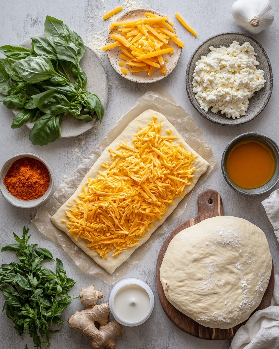 A rolled dough covered in melted white cheese on top, with bright orange shredded filling inside, sitting on a wooden board dusted lightly with flour, all placed on a white marbled surface. The dough is smooth and slightly golden, wrapping the shredded filling tightly in a tube shape, with the cheese melted unevenly across the top layer, showing some patches of the orange filling beneath. Photo taken with an iphone --ar 4:5 --v 7
