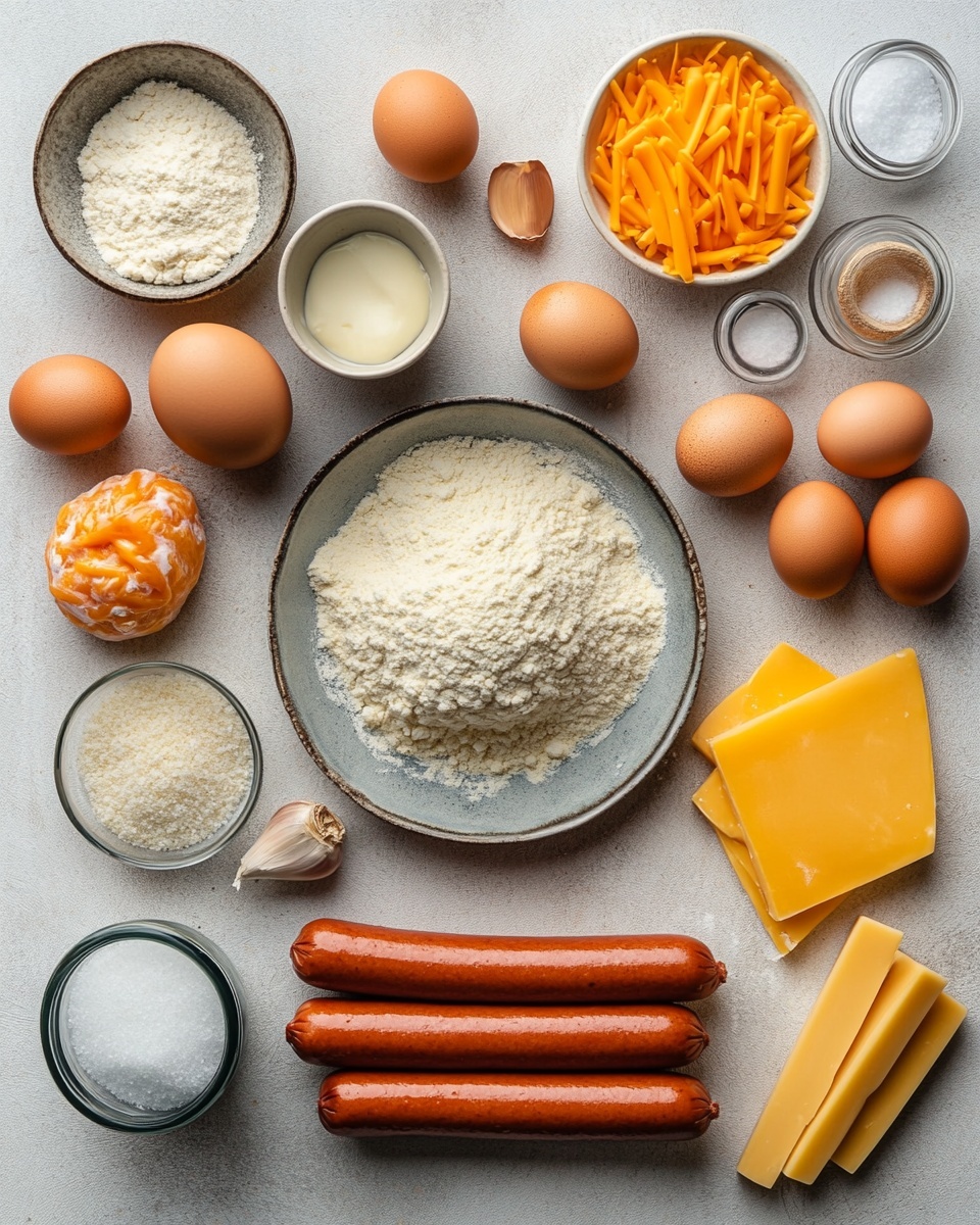The image shows six golden brown sausage rolls with a shiny, slightly crispy texture, sprinkled with coarse salt on top. Each sausage is wrapped in a thick layer of dough that is spiraled around, covering almost the entire sausage except the ends which are visible and charred a little. The rolls rest on a round wire rack placed over a folded cloth with a white and blue pattern, all set on a white marbled surface. In the background, blurred bottles of mustard and ketchup can be seen. photo taken with an iphone --ar 4:5 --v 7