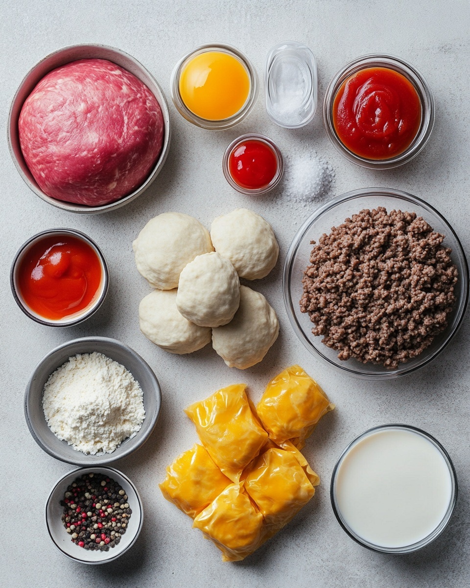 This image shows a round, thick skillet pie with three visible layers. The bottom layer is a golden yellow crumbly cornbread base that looks soft but firm. The middle layer has cooked ground meat mixed with small pieces of red bell pepper scattered evenly. The top layer is melted bright yellow-orange cheese with some browned spots, covering the meat layer well but still showing bits of meat and pepper. A wedge piece has been removed, revealing the inside layers clearly. The skillet is black cast iron, sitting on a folded grey cloth on a white marbled surface. Photo taken with an iphone --ar 4:5 --v 7